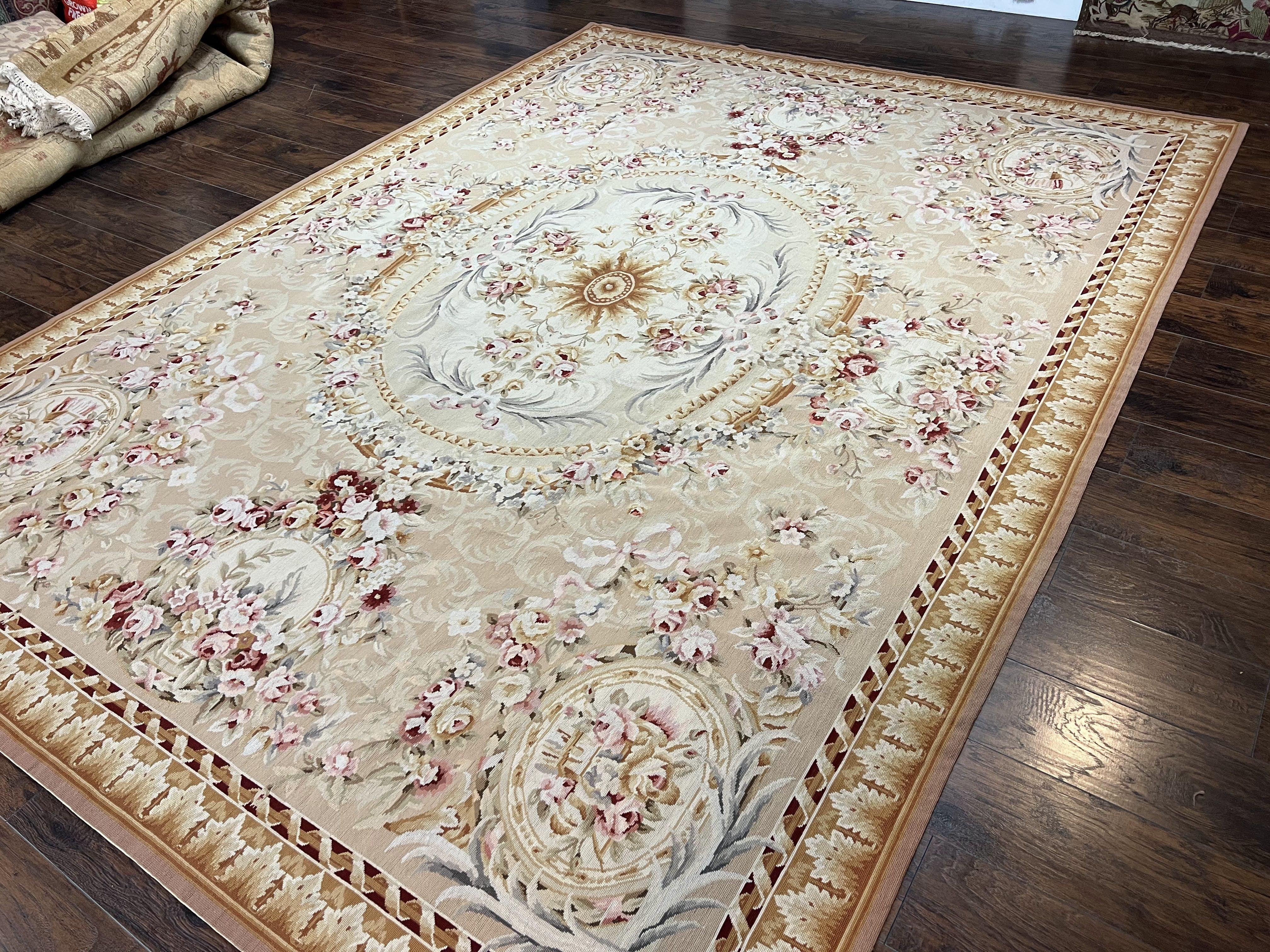 Aubusson Rug 9x12, Elegant Savonnerie Carpet 9 x 12 ft, Beige Ivory Tan, Floral, Flatweave Wool Handmade Area Rug 9 x 12 ft, European French - Jewel Rugs