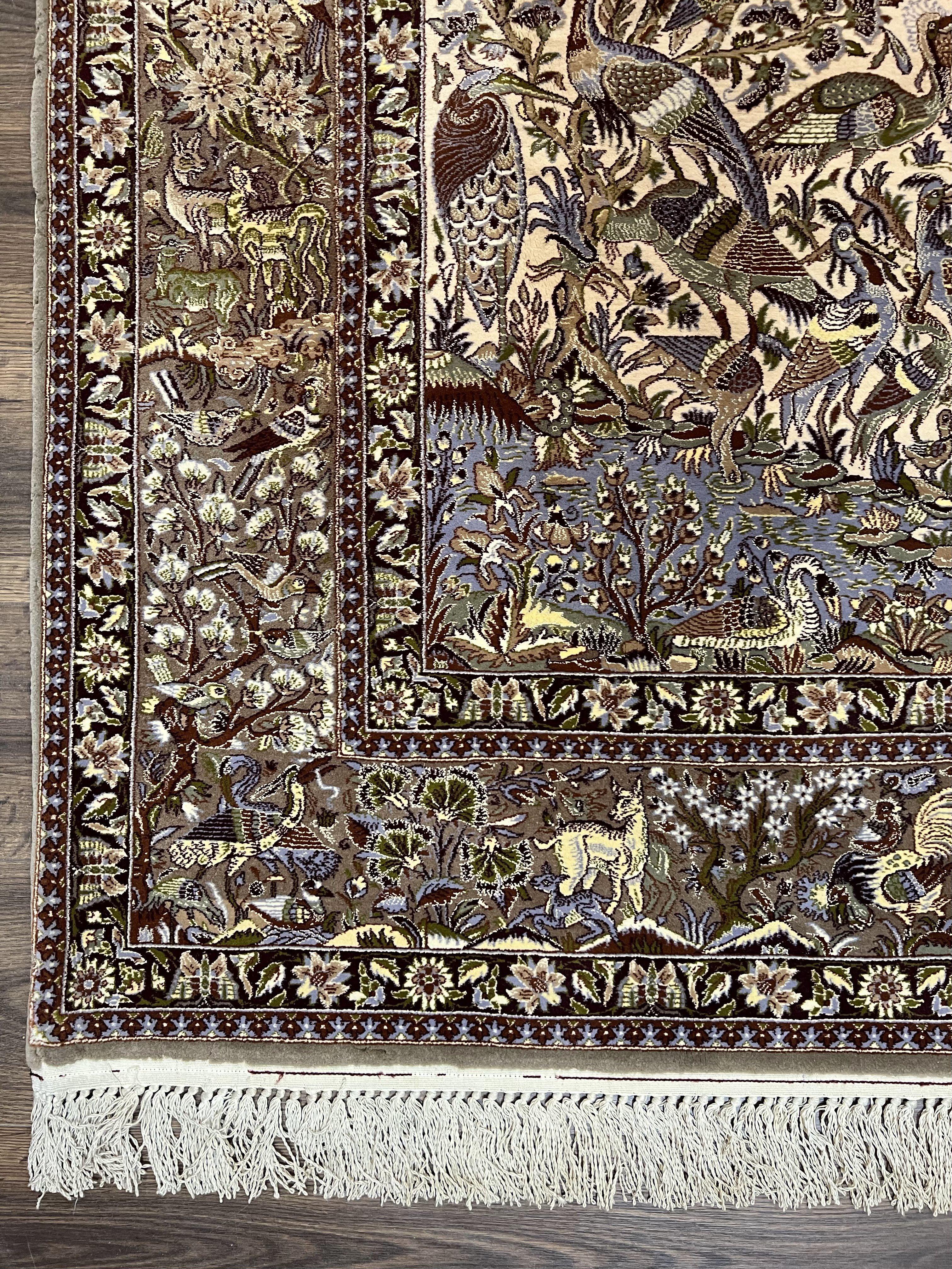 Stunning Persian Isfahan Rug 5x8, Animal Pictorials - Birds Peacocks, Fine & Highly Detailed, Kork Wool on Silk Foundation, Tree of Life, Hand-Knotted, Cream - Jewel Rugs