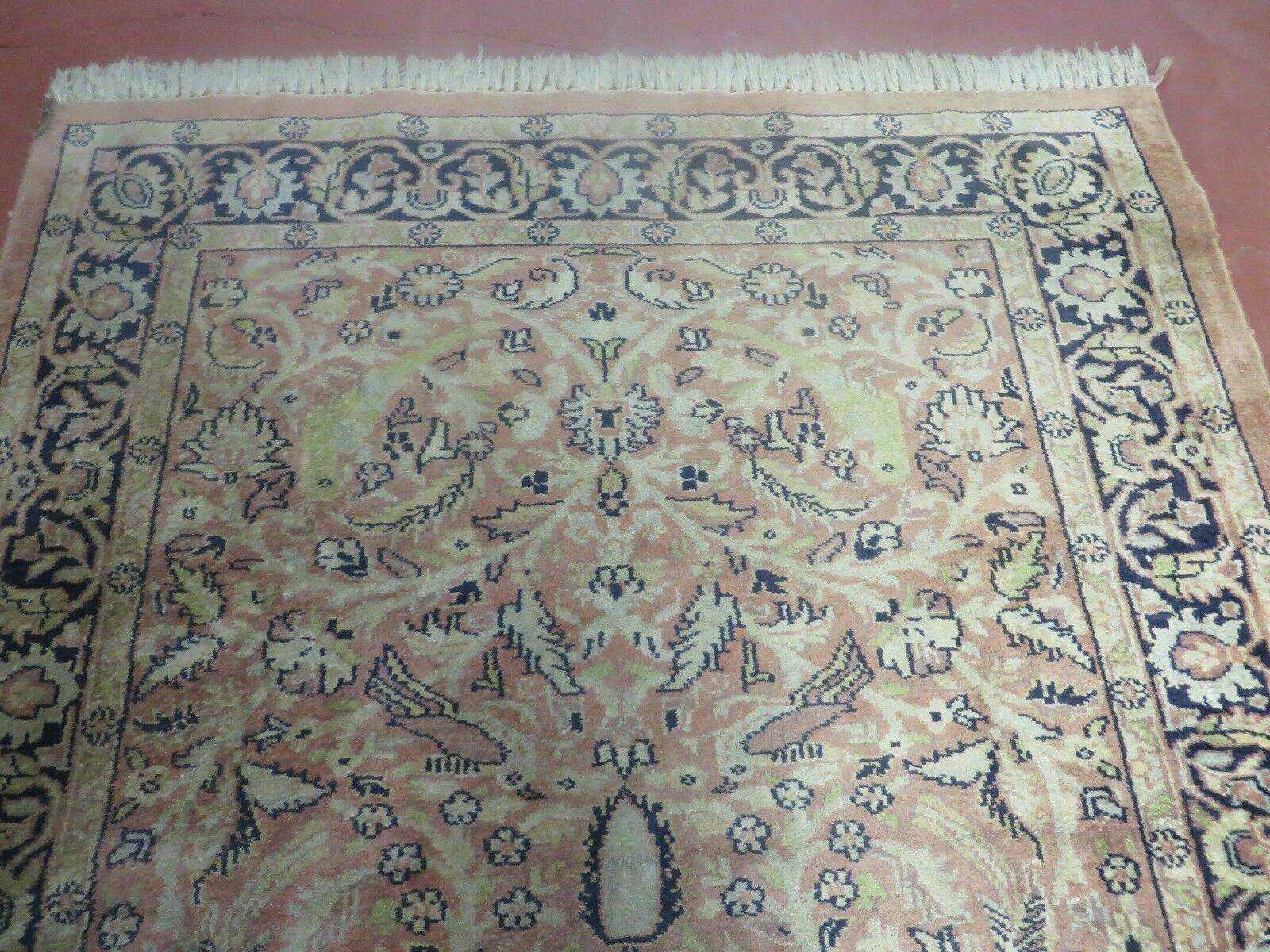 4' X 6' Vintage Handmade Fine Indian Silk Rug Kashmir Bird Nice - Jewel Rugs