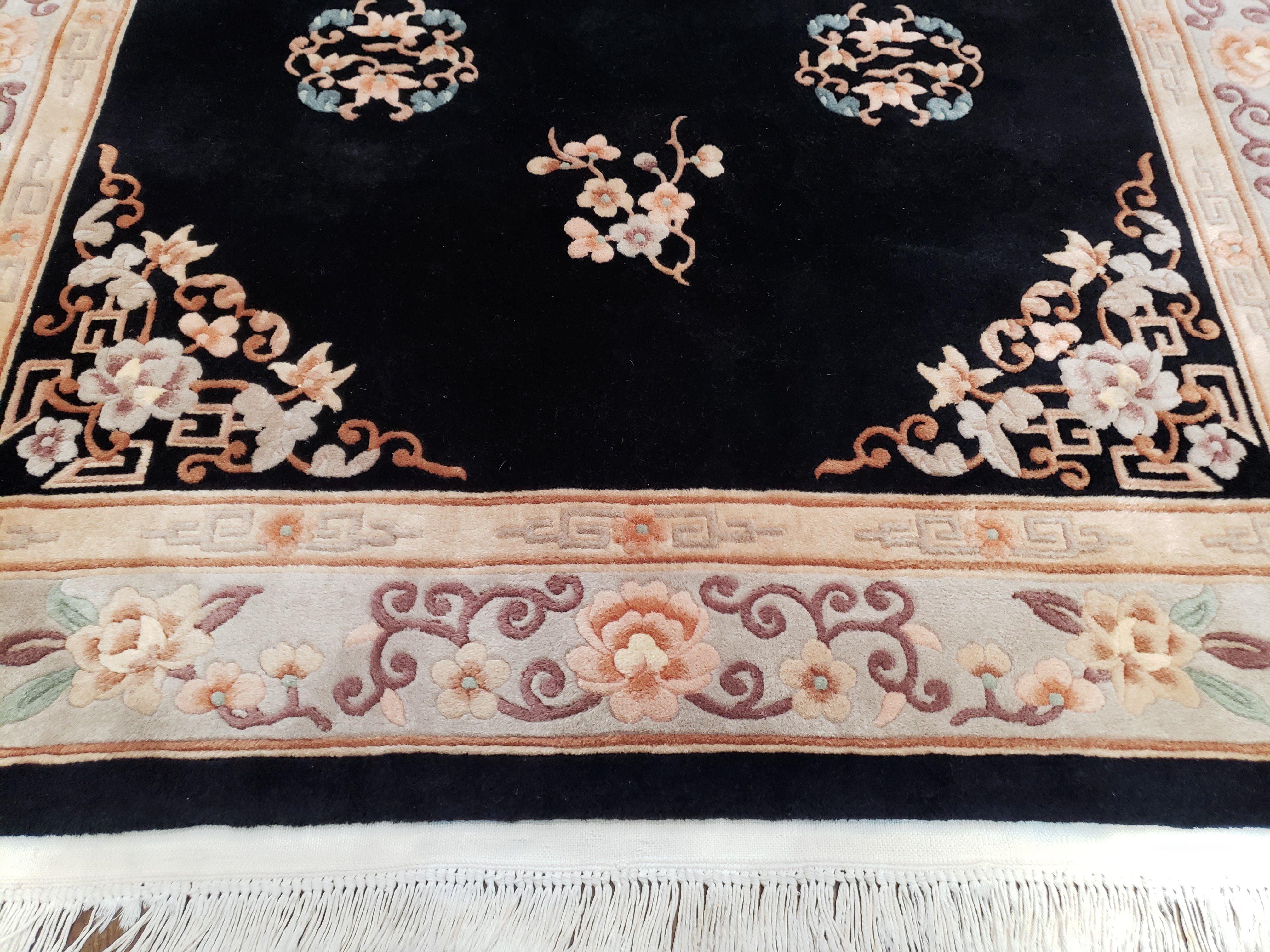 Vintage Chinese Art Deco Area Rug 5' 7" x 8' 3", Black & Gray Hand-Knotted Wool Carpet, Traditional Asian/Oriental Carpet, Flowers Soft Pile - Jewel Rugs