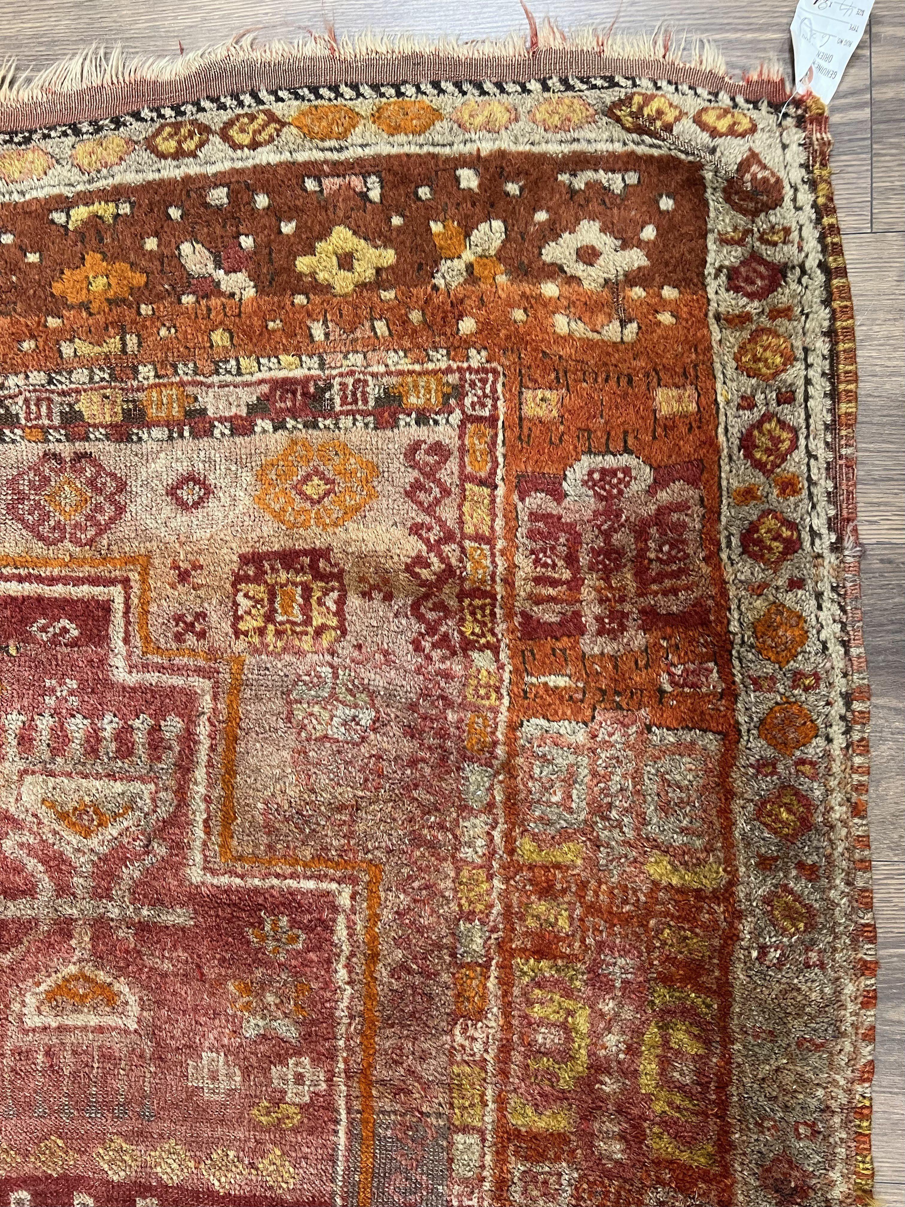 Antique Turkish Melas Rug 4x7, Tribal Geometric Unique Collectible Hand Knotted Wool Oriental Carpet, Rare 1920s Rug, Burnt Orange Red - Jewel Rugs