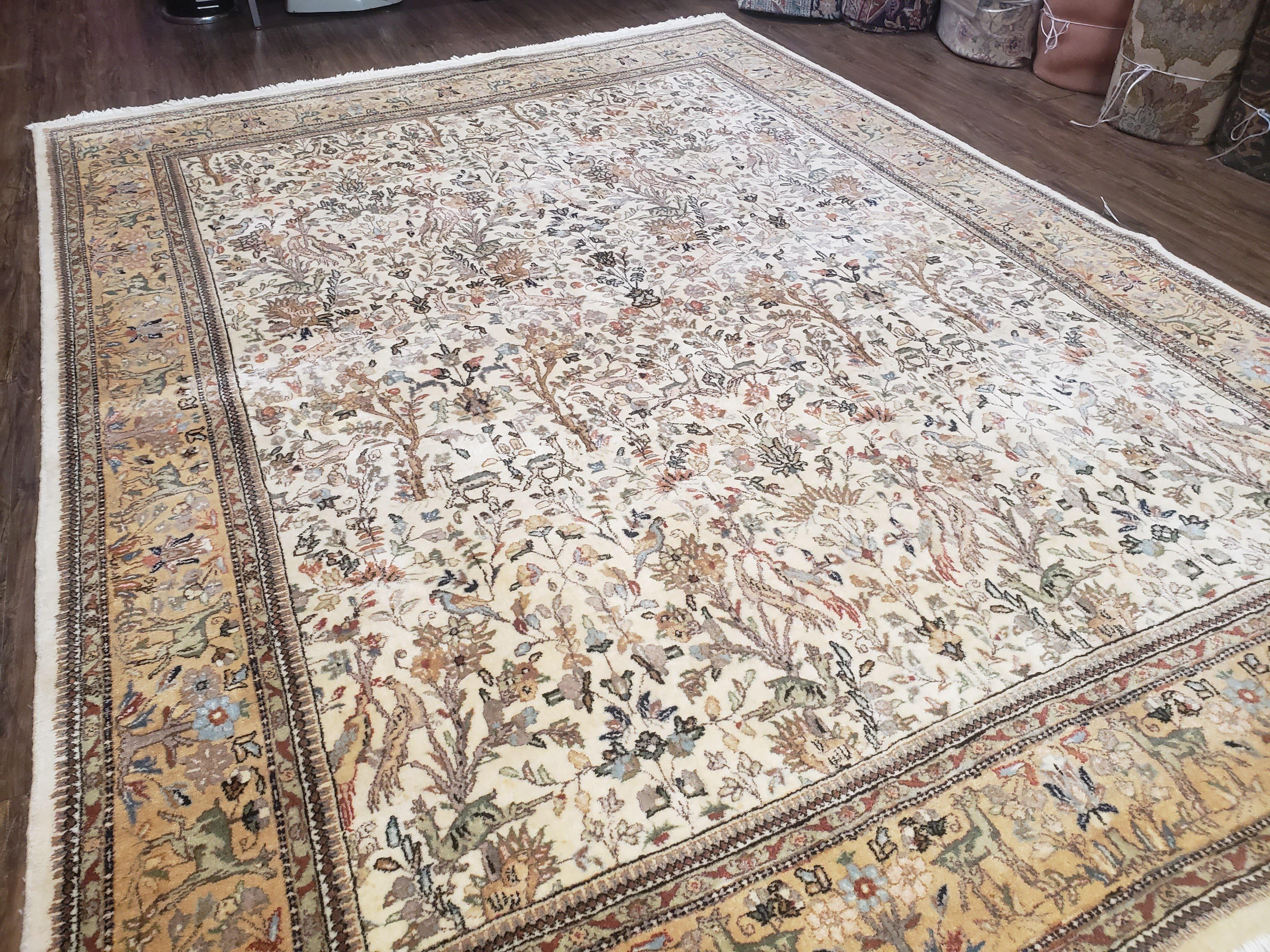 Semi Antique Persian Tabatabaie Tabriz Rug, Animal Pictorials, Ivory & Gold, Hand-Knotted, Wool, 7' 10" x 10' 6" - Jewel Rugs