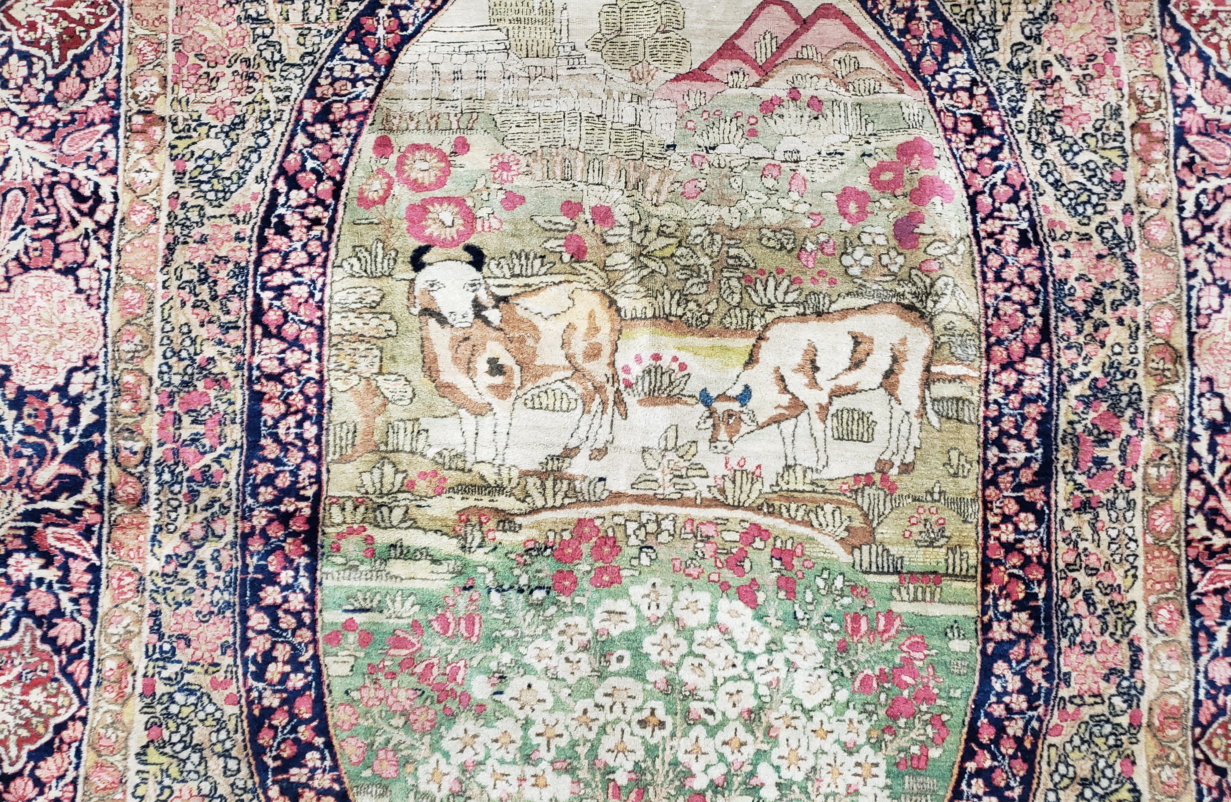 Antique Persian Kirman Rug 4.4 x 7.5, Highly Collectible, Late 19th Early 20th Century Rug, Millefleurs, Cows, Wool Hand Knotted, Pictorial - Jewel Rugs