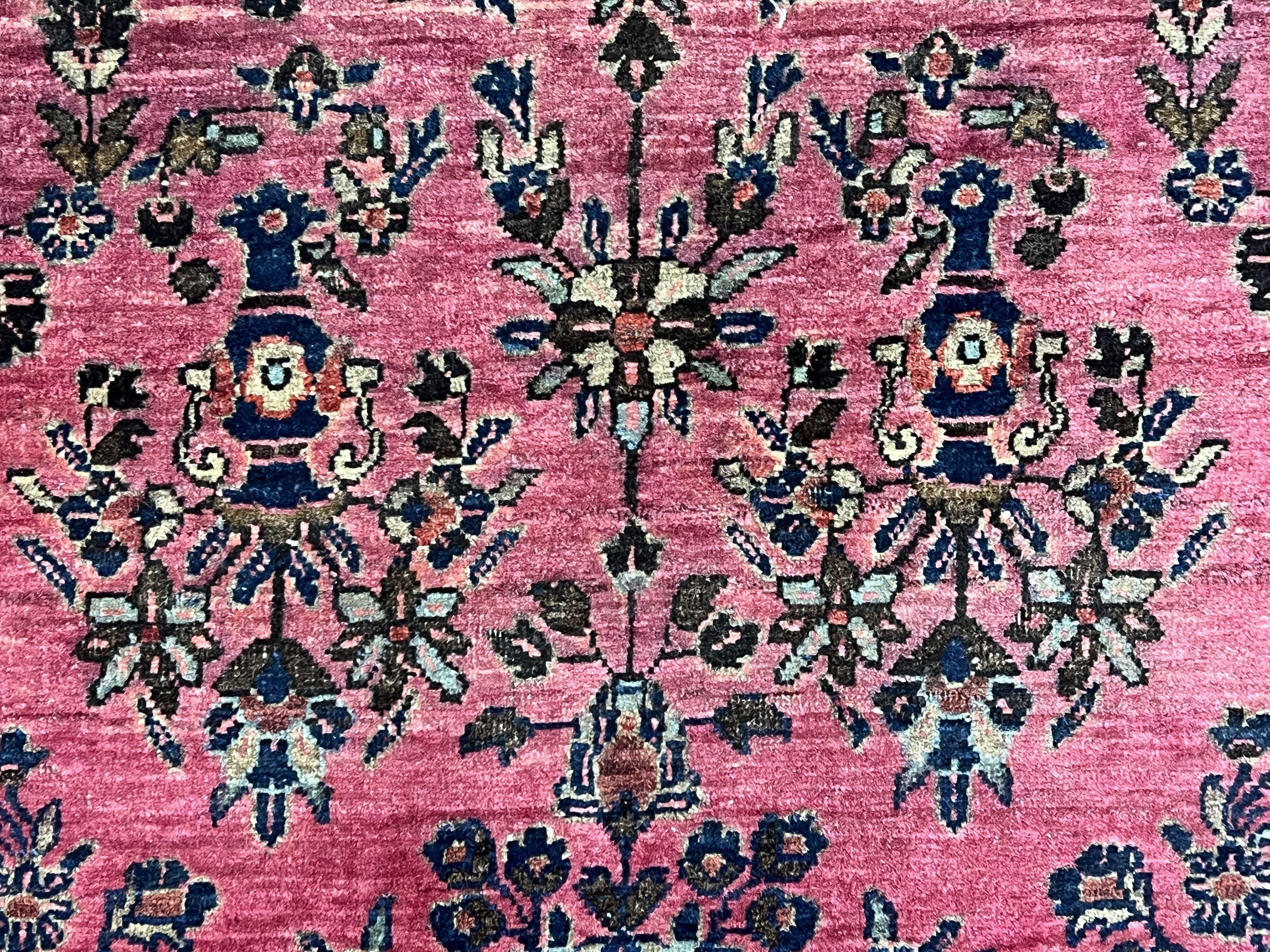 Antique Persian Sarouk Rug 2.4 x 4.9, Red and Dark Blue, Floral, Hand-Knotted, Small Carpet, Traditional, Authentic Oriental Rug 1920s Nice - Jewel Rugs