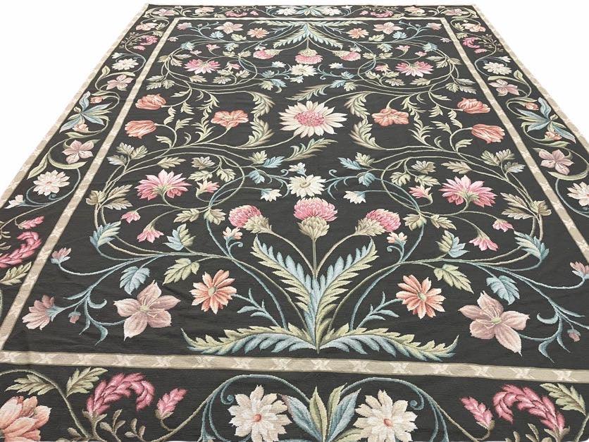 Black Aubusson Needlepoint Rug 9x12, Flatweave Carpet Floral Pattern, Flowers, European Design, Handmade Hand-Knotted Hand-Woven, Brand New - Jewel Rugs