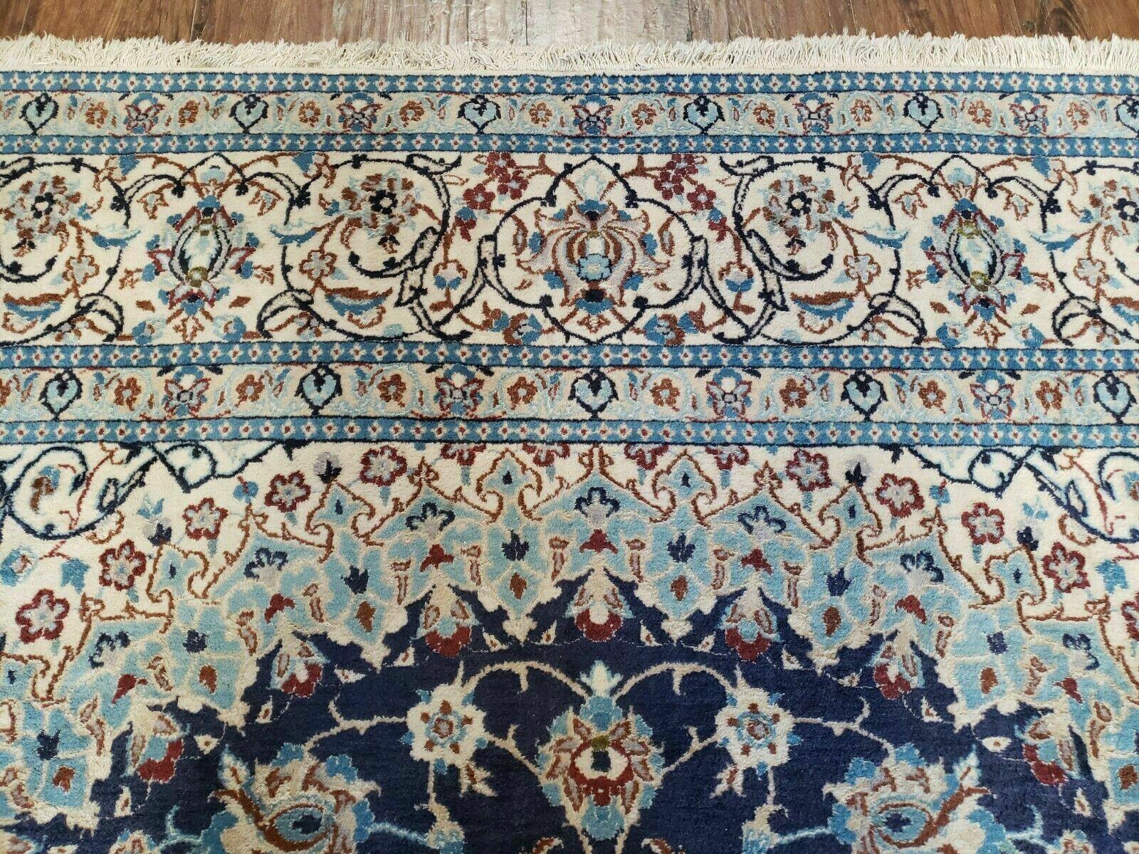 8' X 12' Finely Woven Handmade Persian Nain Oriental Floral Wool Area Rug - Ivory and Blue Carpet - Jewel Rugs