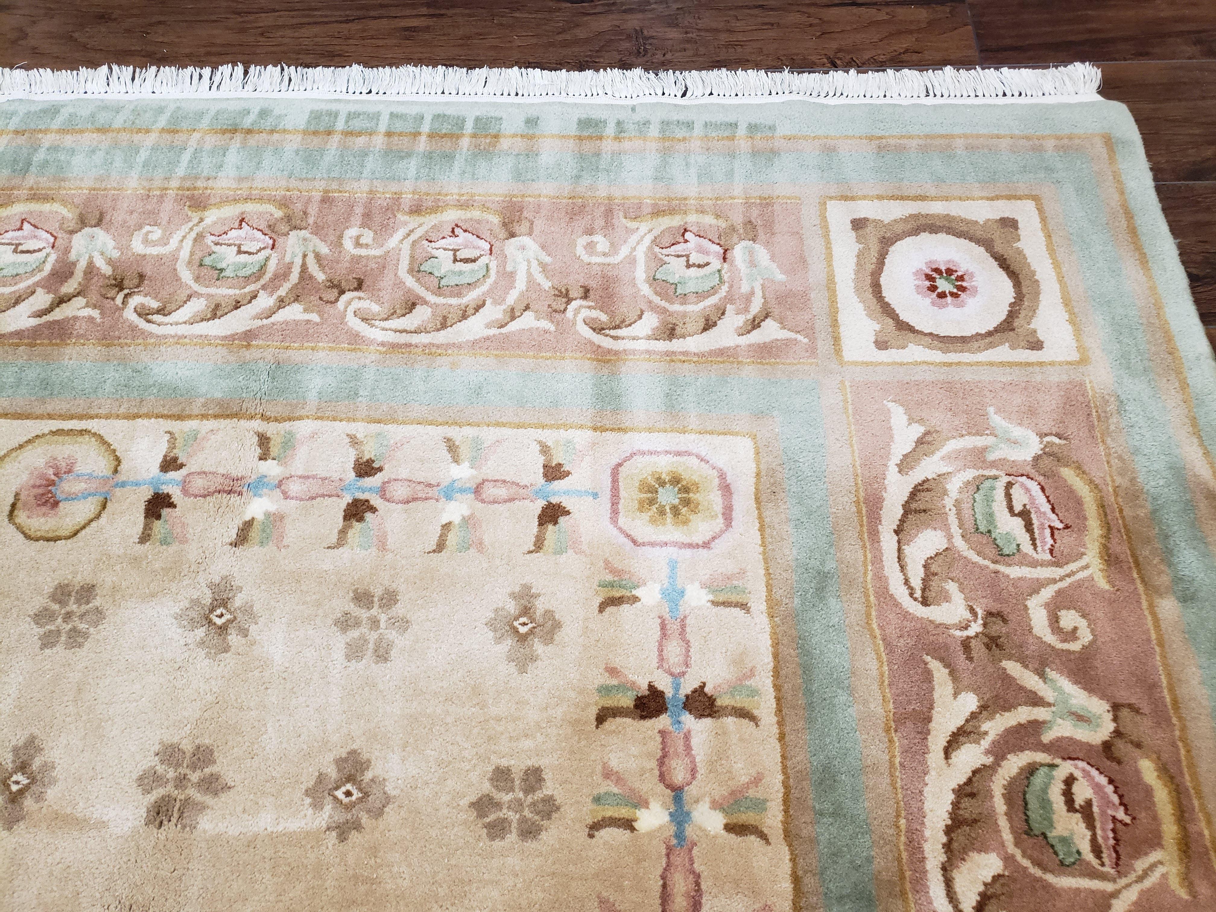 Large Vintage Chinese Aubusson Savonnerie Room Sized Rug 10x14, Wool Handmade Hand-Knotted 120 Line Living Room Dining Room Rug, Beige - Jewel Rugs