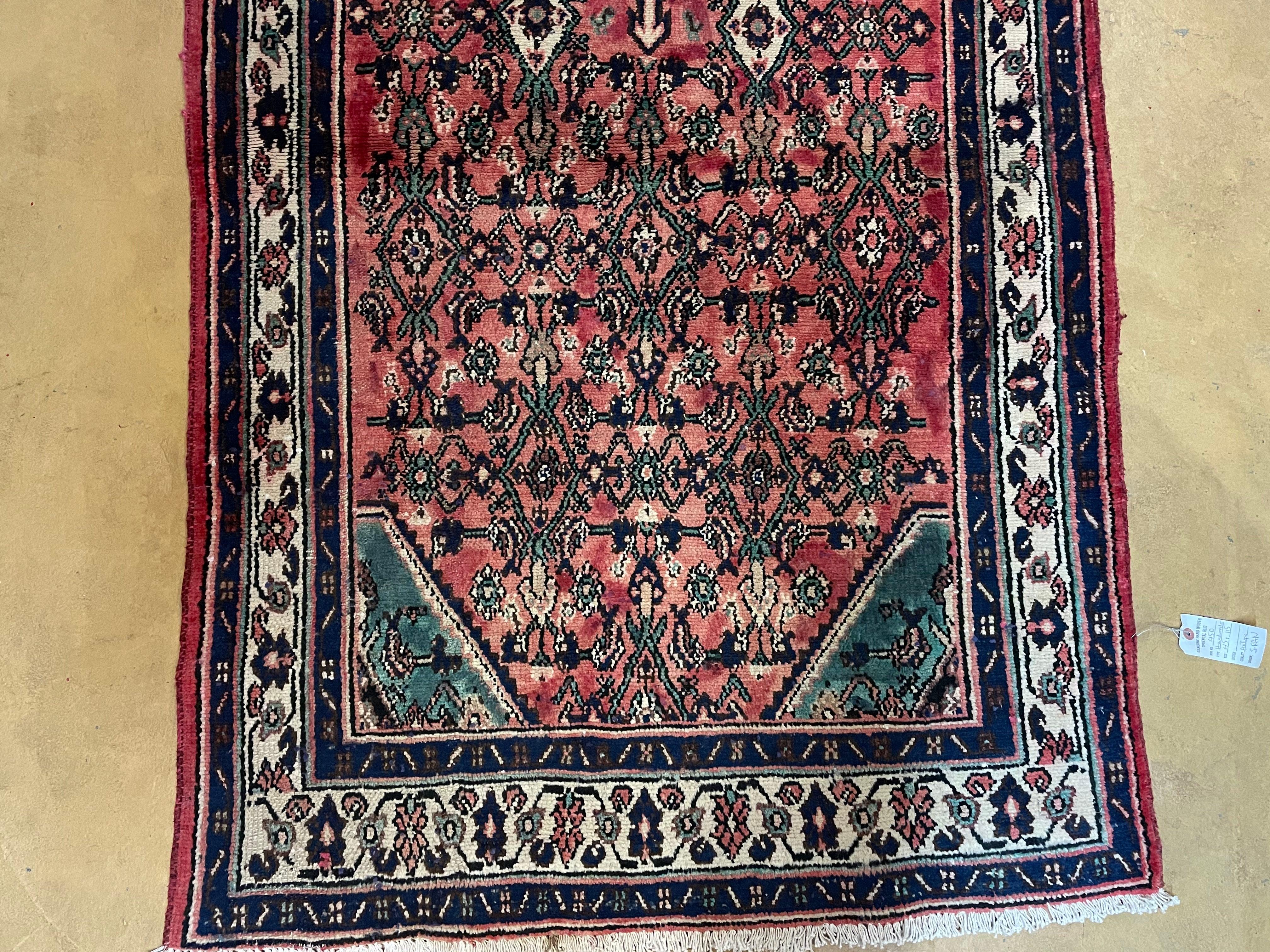 Persian Tribal Runner Rug 3.9 x 9.7, Persian Hamadan Dargazin Runner, Hand Knotted Antique Wool Vegetable Dyed Hallway Runner, Red Off White Teal, Herati Pattern - Jewel Rugs