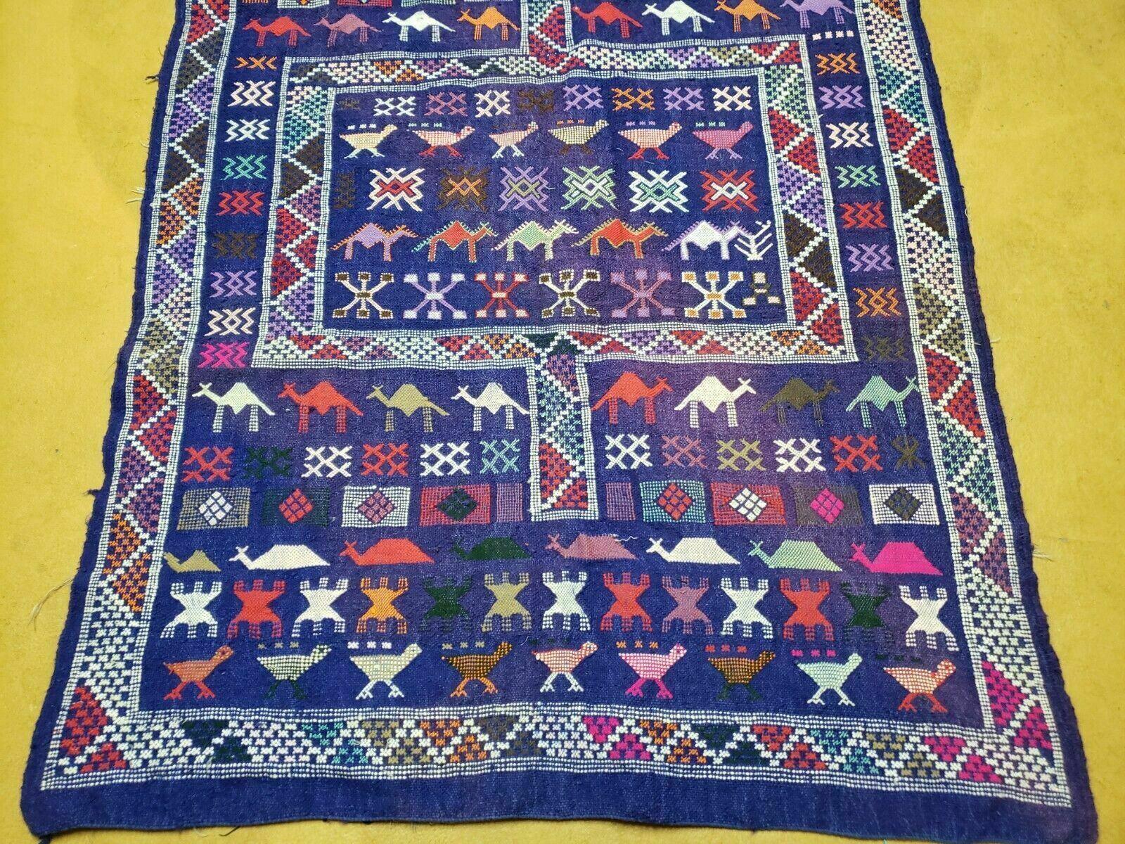 3' X 7' Vintage Handmade Indian Wool Kilim Flat weave Rug Camel Birds Blue Geometric Short Runner - Jewel Rugs