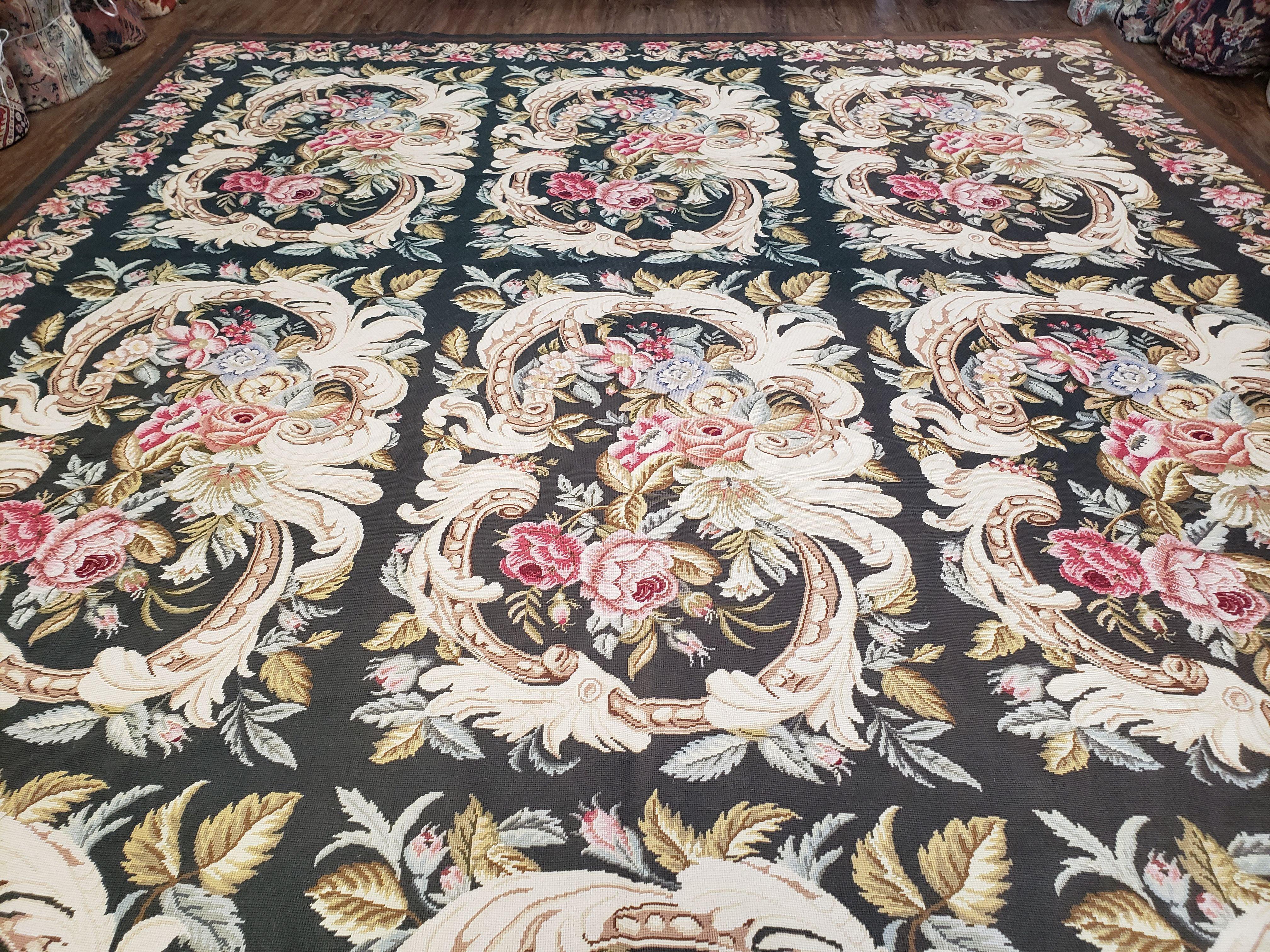 Vintage William Morris Flatweave Needlepoint Rug, Large Floral Panel Design, Handmade, Arts & Crafts/Mission Patern, Dark Green, Wool, 10x13 - Jewel Rugs