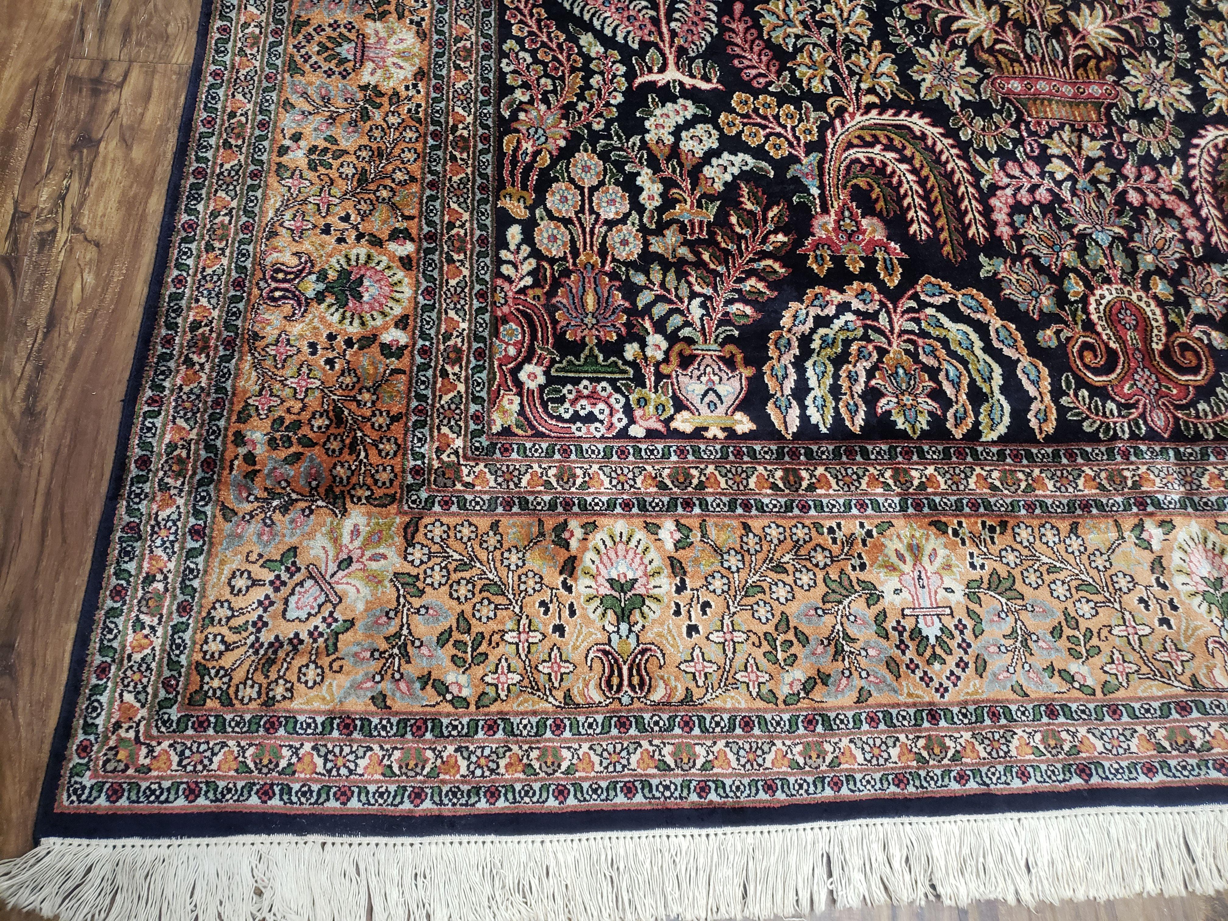 Vintage Persian Silk Qum Dark Blue Rug, Hand-Knotted, 6' x 9'7" - Jewel Rugs