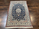 Super Fine Persian Nain Carpet 3.6 x 5.4, Traditional Persian Rug, Center Medallion with Floral Allover Design Dark Blue and Ivory/Cream Detailed 4-La, Wool with Silk Accents - Jewel Rugs