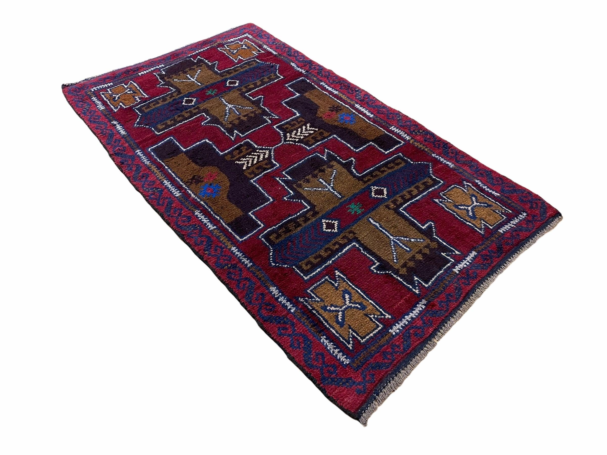 2' 10" X 4' 9" Vintage Handmade Tribal Wool Rug Balouchi Rug Afghan Rug Red Blue - Jewel Rugs