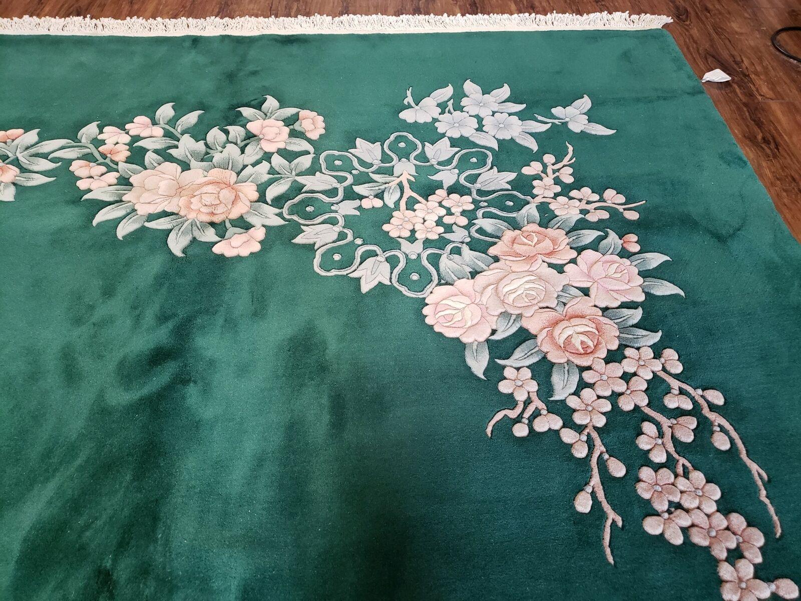 8' X 10' Vintage Handmade Chinese Art Deco Dark Green 120 Line Wool Area Rug with Flowers - Jewel Rugs