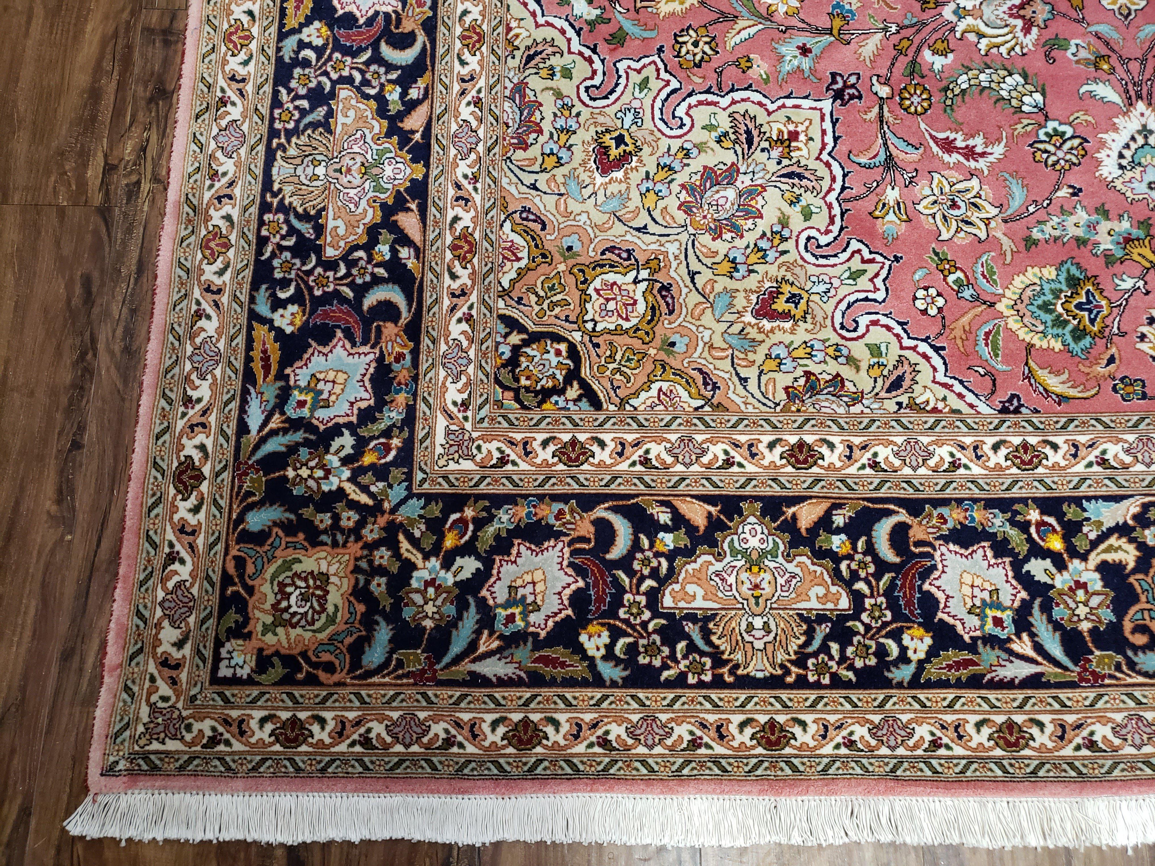 Vintage Persian Tabriz Rug 6.7 x 9.9, Wool Hand-Knotted Salmon Pink & Dark Blue Floral Medallion Carpet, Traditional Fine Persian Oriental Rug - Jewel Rugs