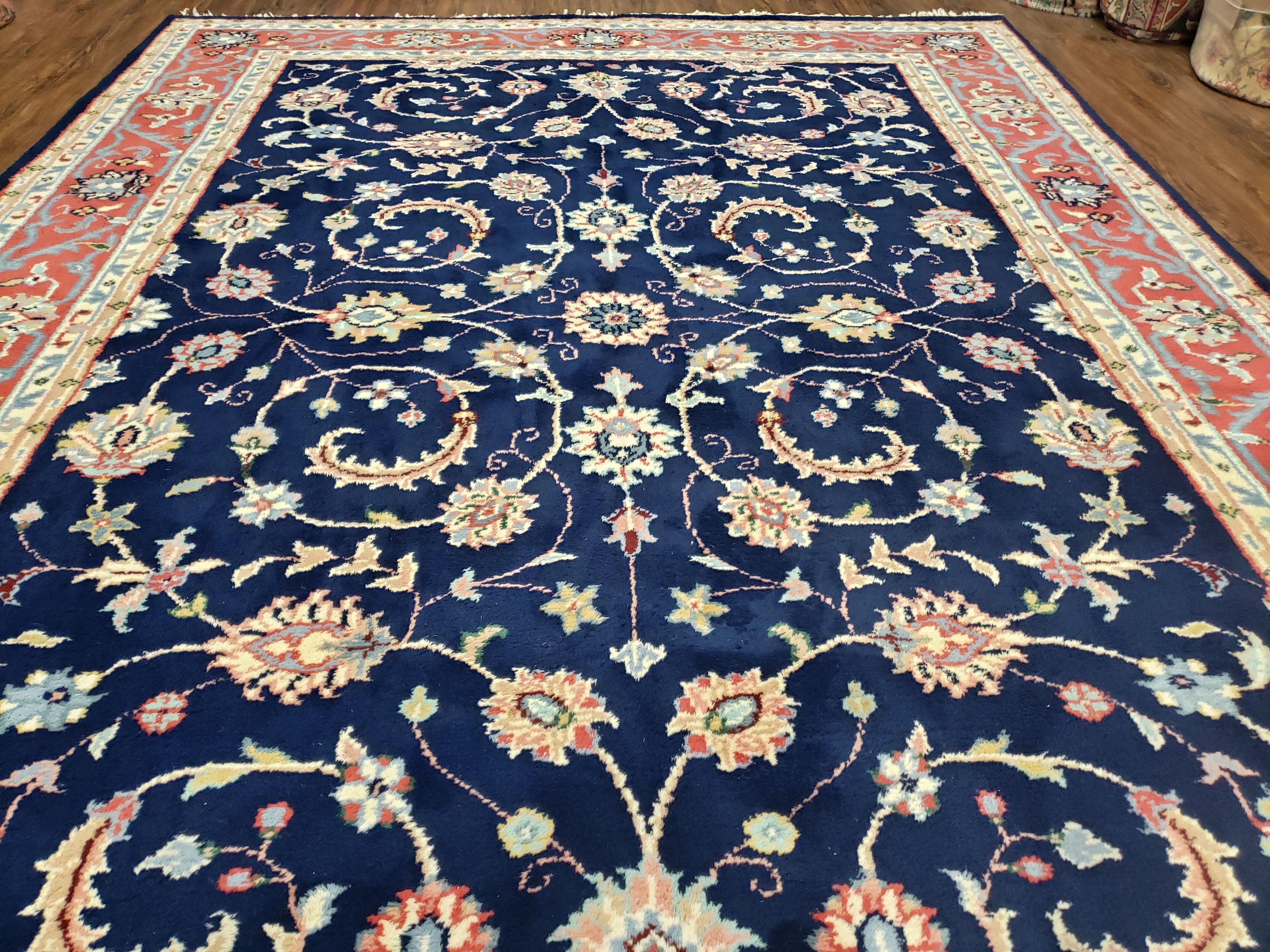 Vintage Indian Rug, Allover Floral Oriental Rug, Hand-Knotted, Wool, Dark Blue & Red, Indo Persian Rug, Allover Pattern, 8x11 Rug - Jewel Rugs