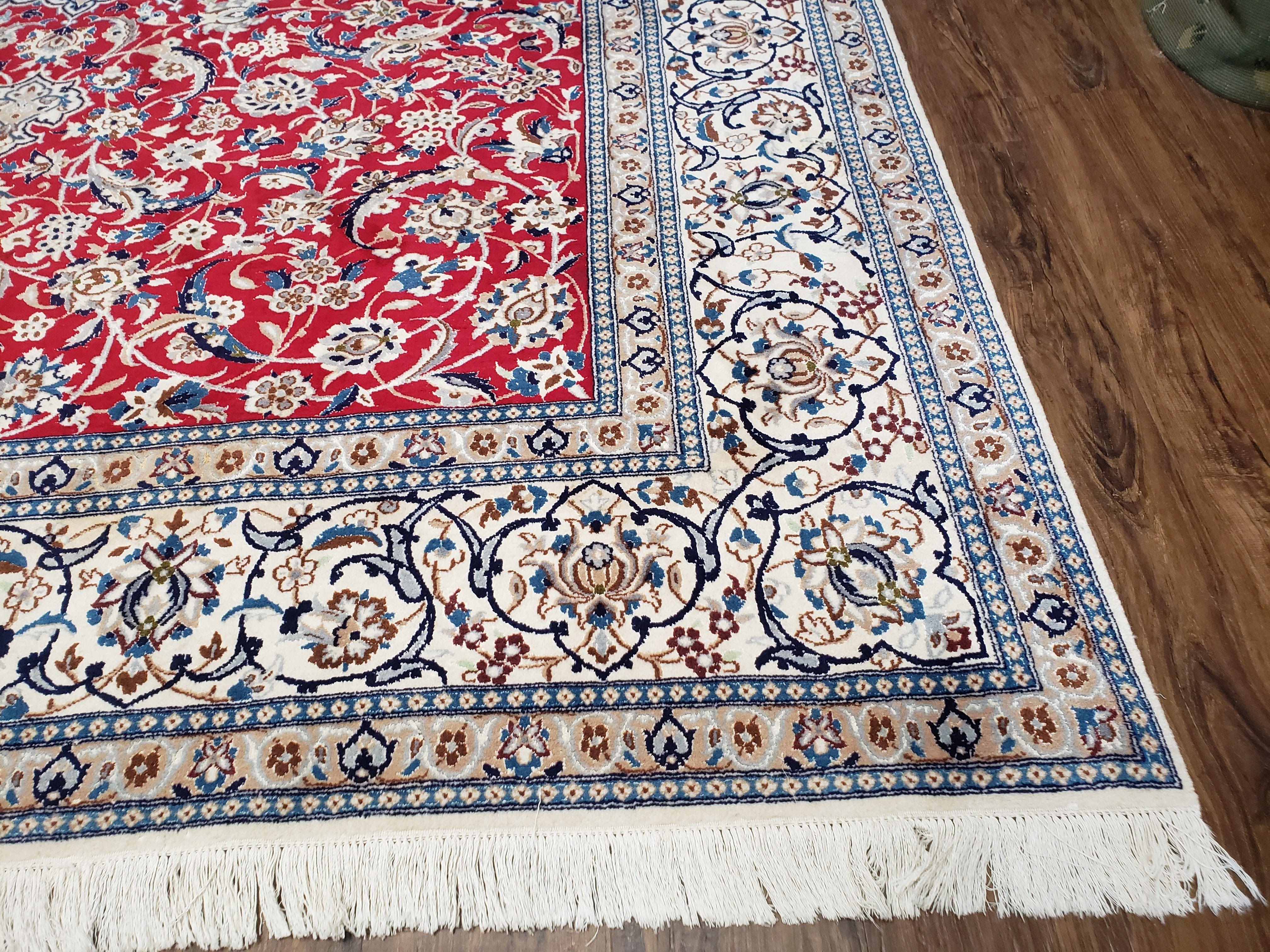 Persian Nain Rug, Lachak Toranj Design, Wool with Silk Highlights, Red Ivory and Light Blue, Hand-Knotted, 8'3" x 11'9" - Jewel Rugs