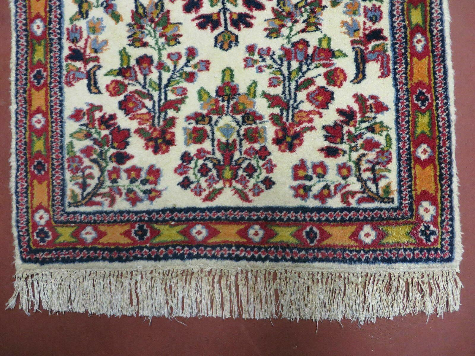 Small Persian Rug 2 x 3, Tiny Persian Sarouk Carpet, Cream Navy Blue Red, Floral Medallion, Vintage Wool Rug, Handmade Hand-Knotted Oriental Rug - Jewel Rugs