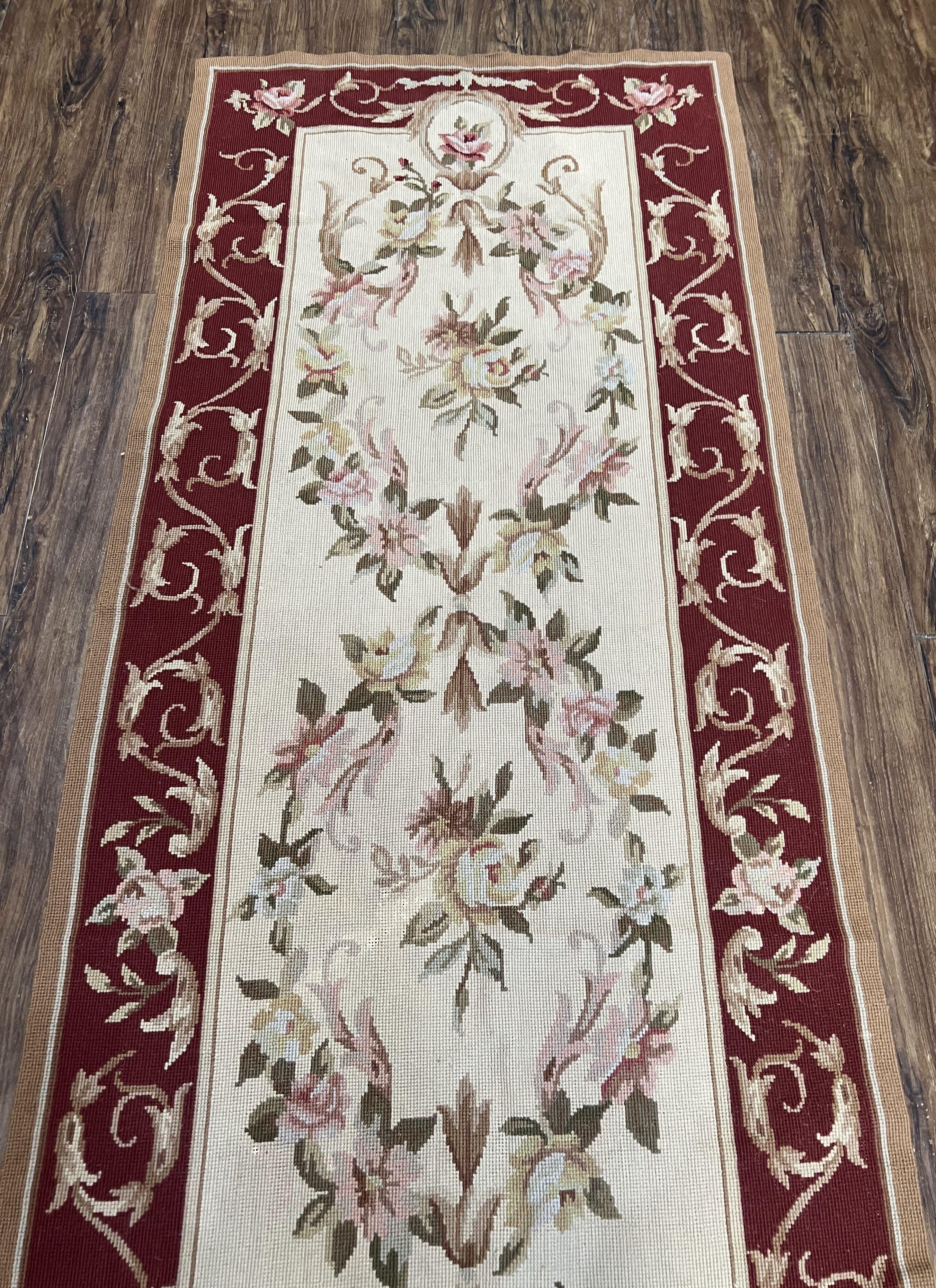 Needlepoint Runner 2.6 x 8 ft, French European Floral Vintage Rug, Beige/Cream Maroon Pink Flowers, Flatweave Runner 8 ft Long Hand Woven - Jewel Rugs