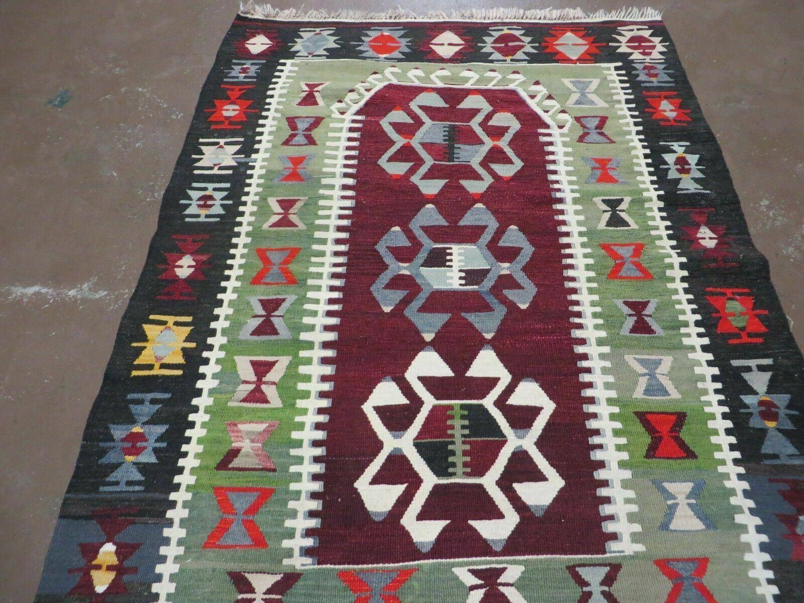 3' 8" X 5' Vintage Turkish Kilim Handmade Flat Weave Wool Rug Veg Dyes - Jewel Rugs