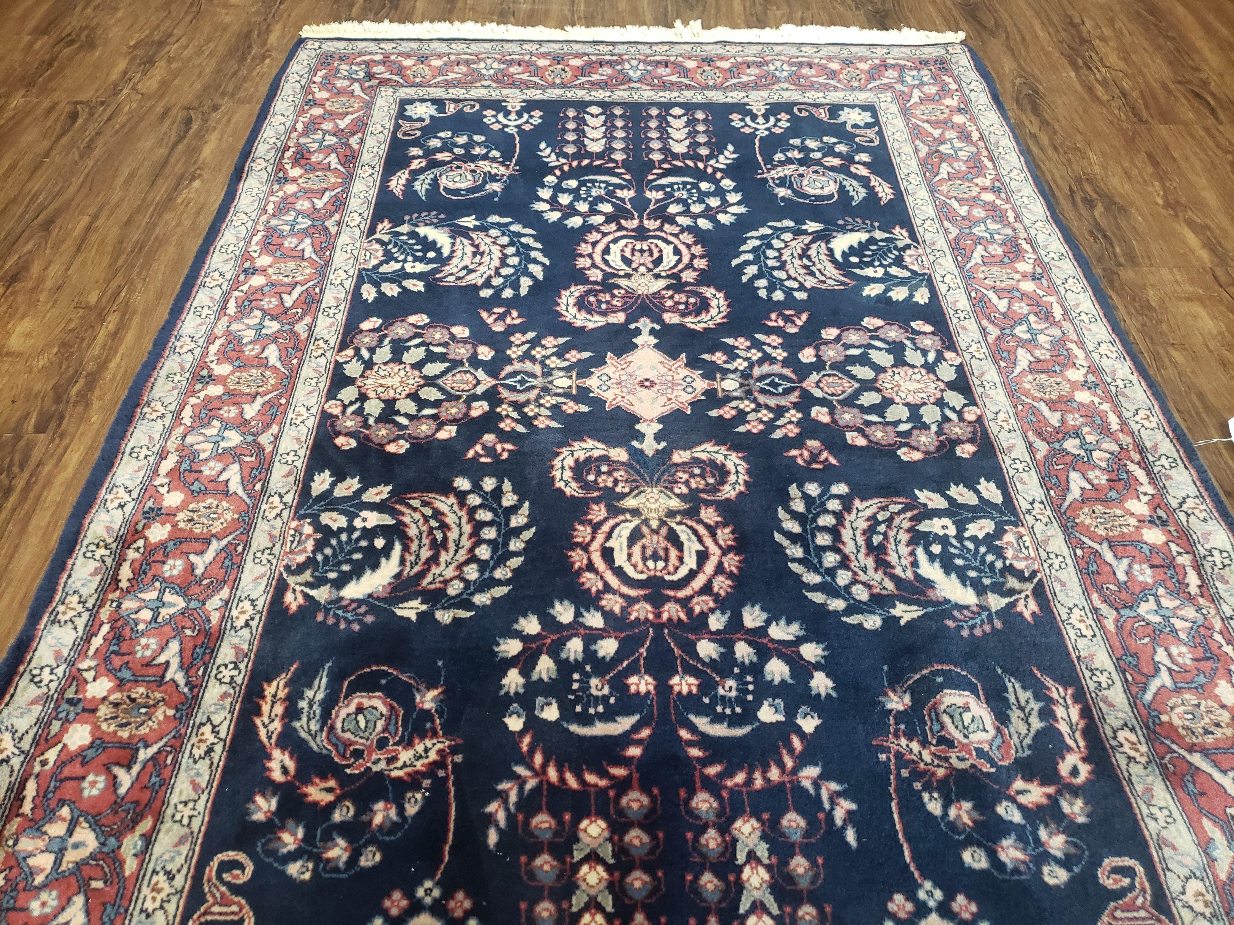 Dark Blue Indo Persian Rug, Medium Size Hand Knotted Oriental Carpet, Traditional Floral Indian Rug, Blue and Red Rug, Entryway Rug Wool Rug - Jewel Rugs