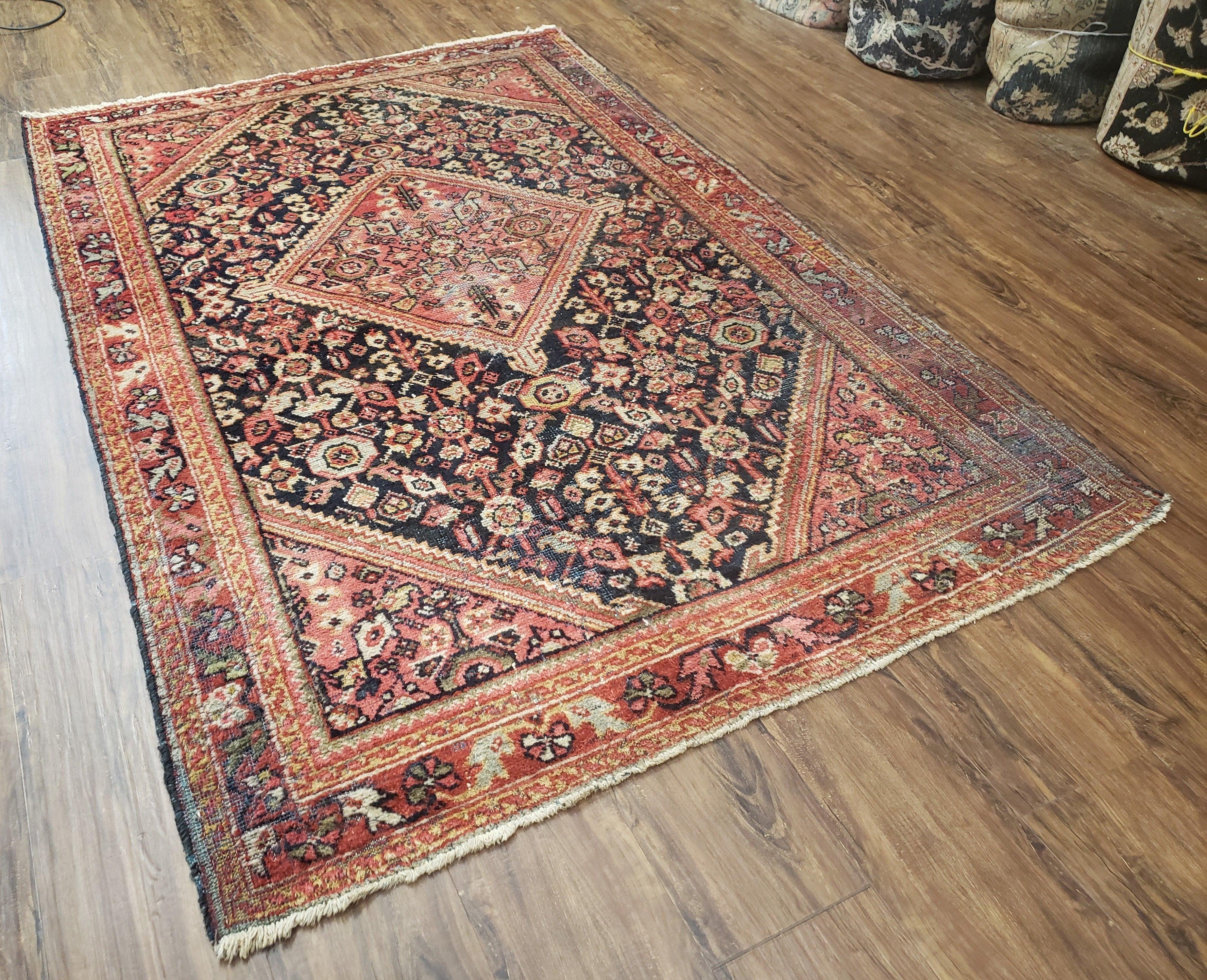 Antique Persian Mahal Area Rug 4x6 - 5x7, Wool Hand-Knotted Shabby Chic Oriental Rug, Red Black 1930s Foyer Room Carpet, Low Pile Boho Rug - Jewel Rugs