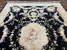 Aubusson Rug 9x12, Wool with Silk Highlights, Vintage Aubusson Carpet with Pile, Black and Beige, Handmade Elegant Room Sized Area Rug, Nice - Jewel Rugs