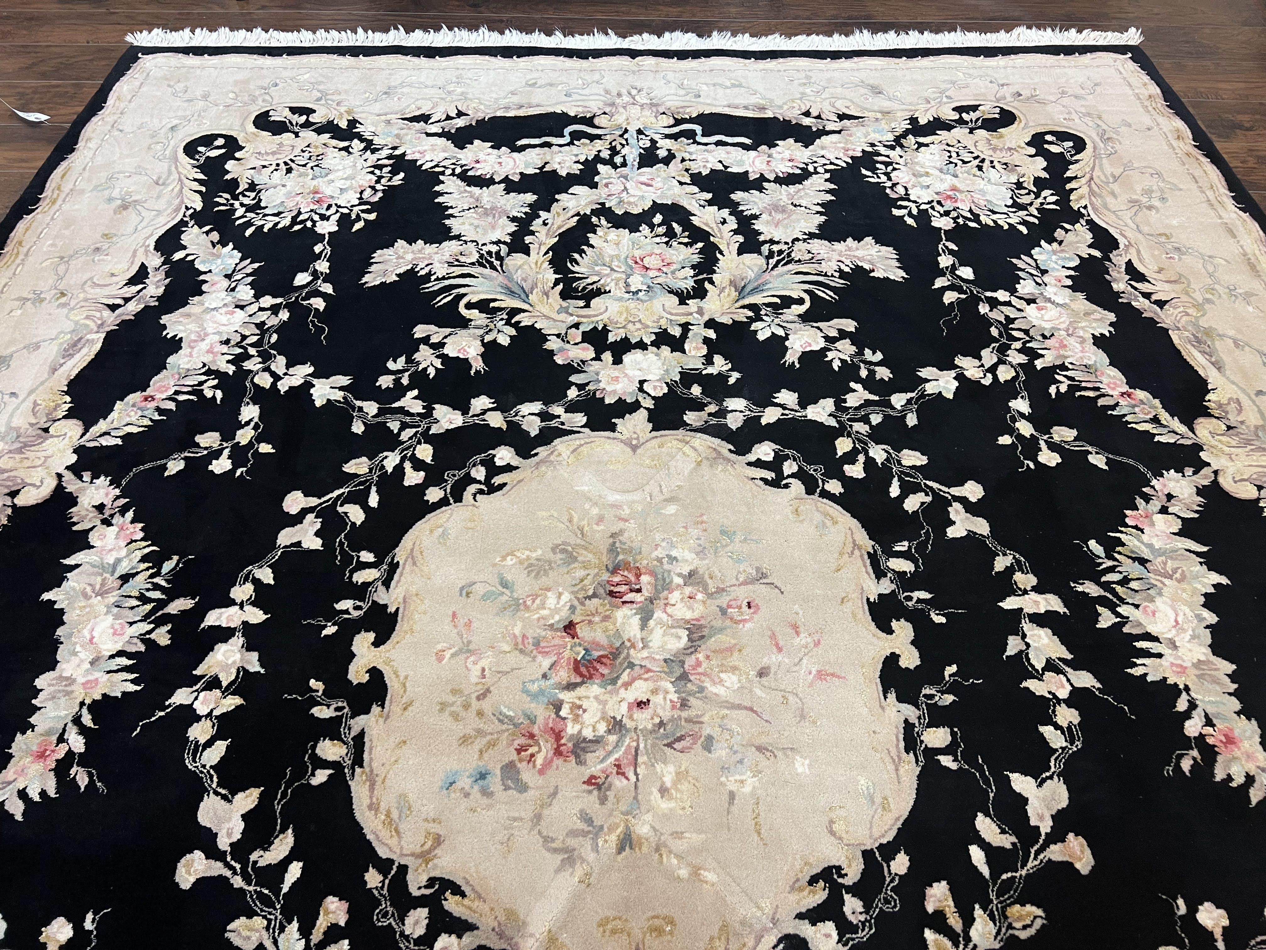 Aubusson Rug 9x12, Wool with Silk Highlights, Vintage Aubusson Carpet with Pile, Black and Beige, Handmade Elegant Room Sized Area Rug, Nice - Jewel Rugs