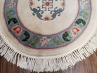 3' 2" Round Chinese Handmade Art Deco Wool Rug Ivory Teal - Jewel Rugs