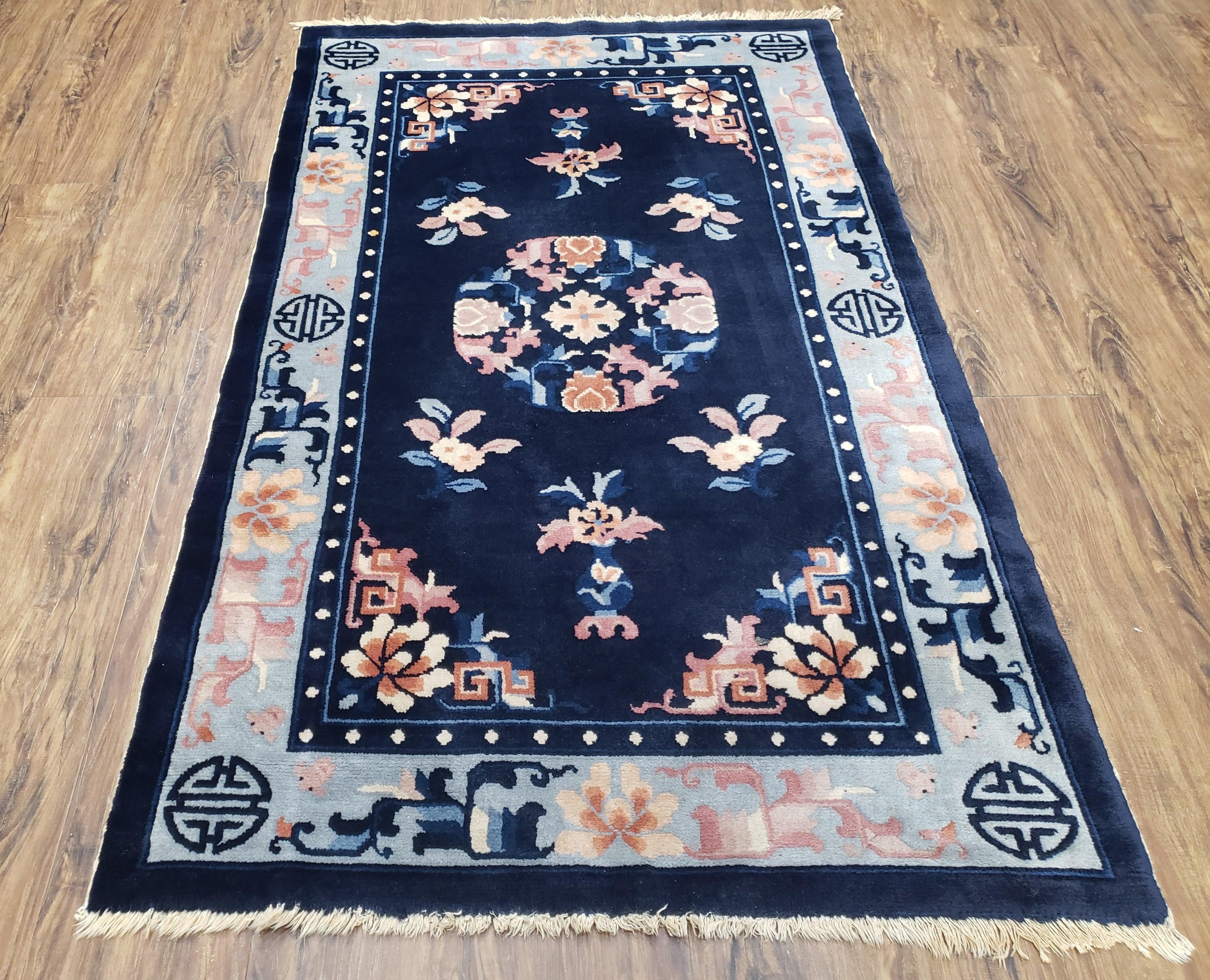 Antique Blue Chinese Peking Rug 3x5, Wool Hand-Knotted Chinese Art Deco Asian Carpet, 3 x 5 Small Entryway Rug, Dark Blue & Beige, Handmade - Jewel Rugs