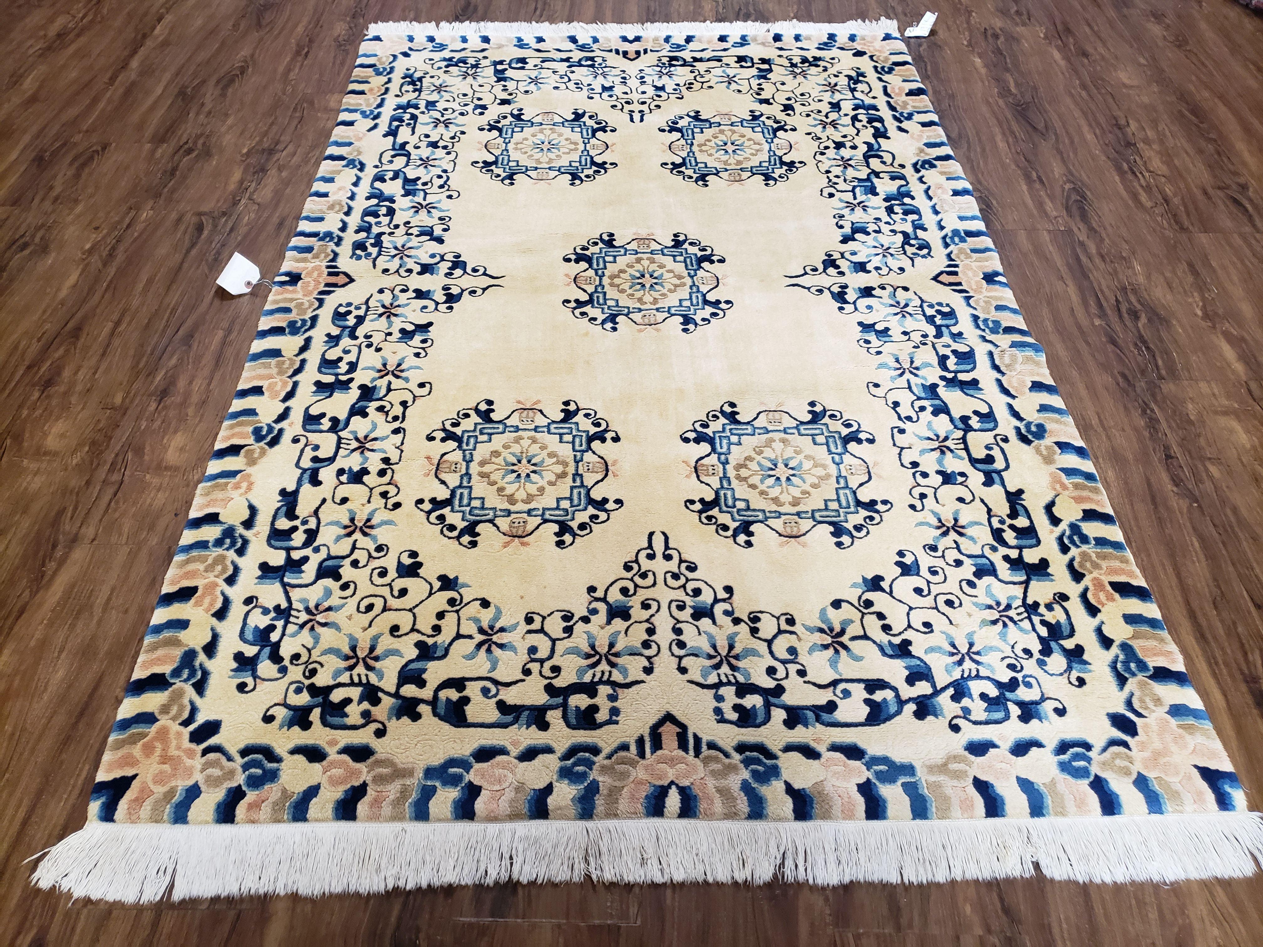 Antique Chinese Peking Area Rug 4x6, Ivory & Blue, Striped Border, Hand-Knotted, Early 20th Century Rug, Asian Oriental Art Deco Wool Carpet - Jewel Rugs