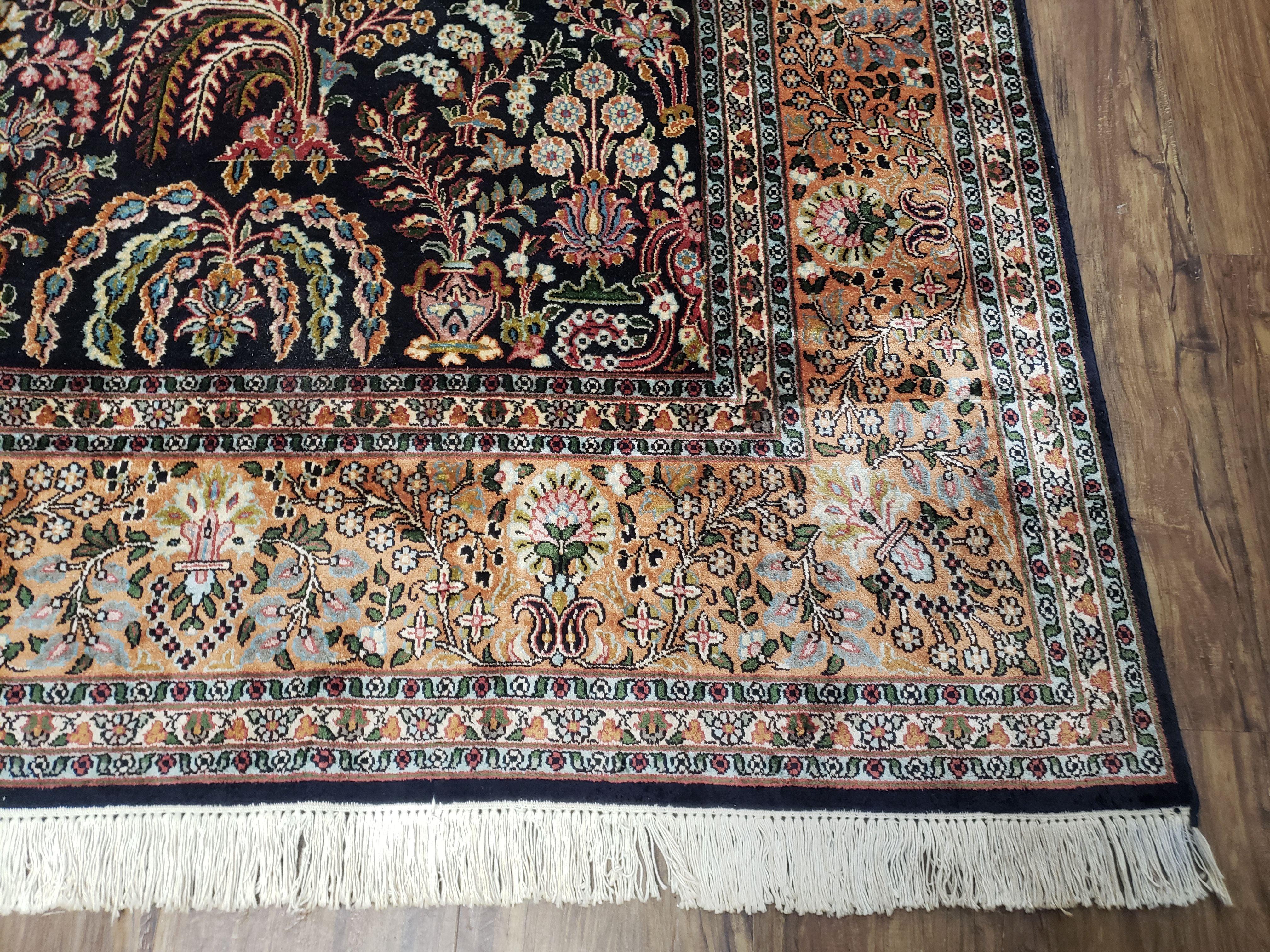 Vintage Persian Silk Qum Dark Blue Rug, Hand-Knotted, 6' x 9'7" - Jewel Rugs