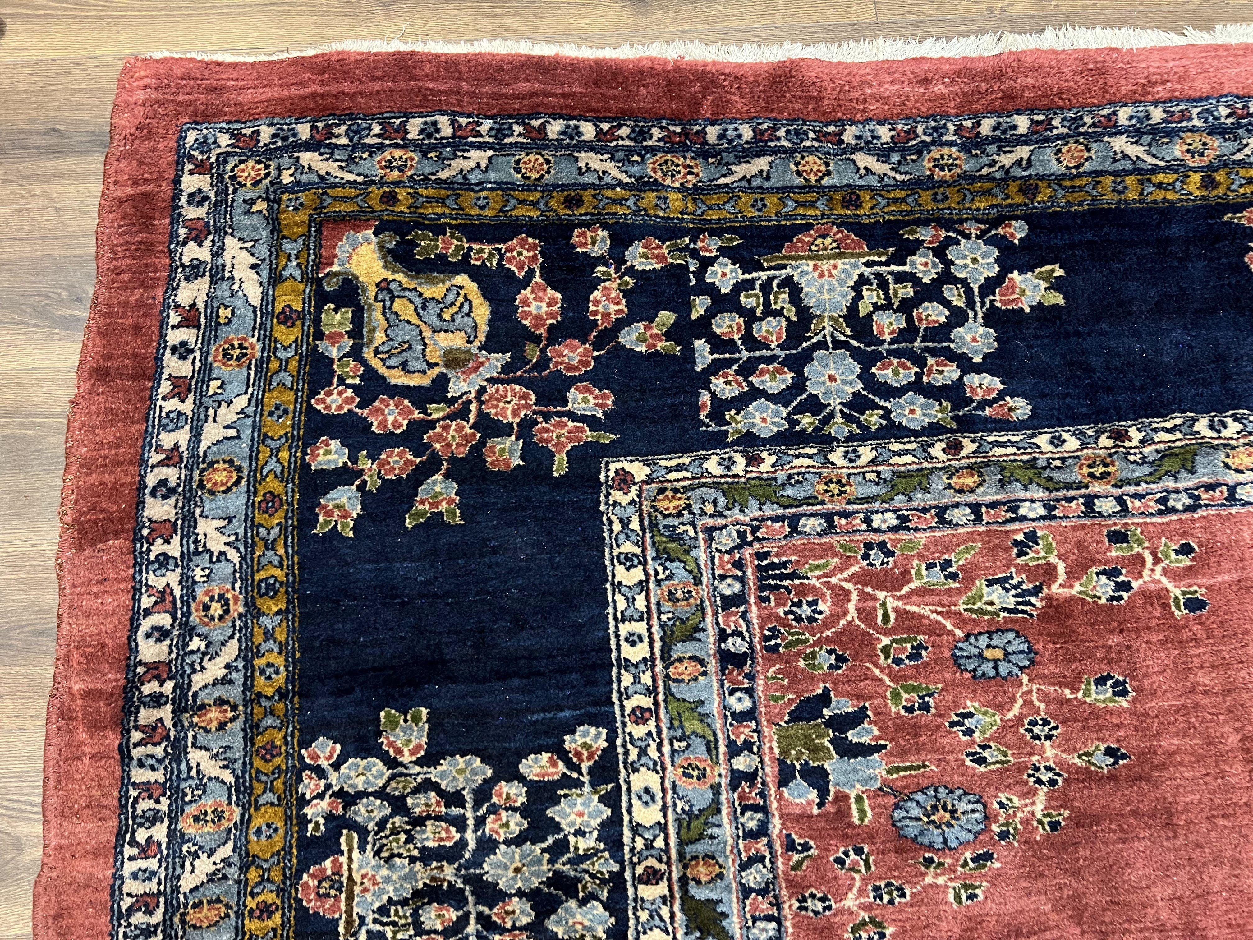 Large Persian Sarouk Rug 10x17, Open Field, Red and Navy Blue, Palace Sized Oversized Hand Knotted Wool Oriental Carpet Flowers Vases Antique 1920s - Jewel Rugs