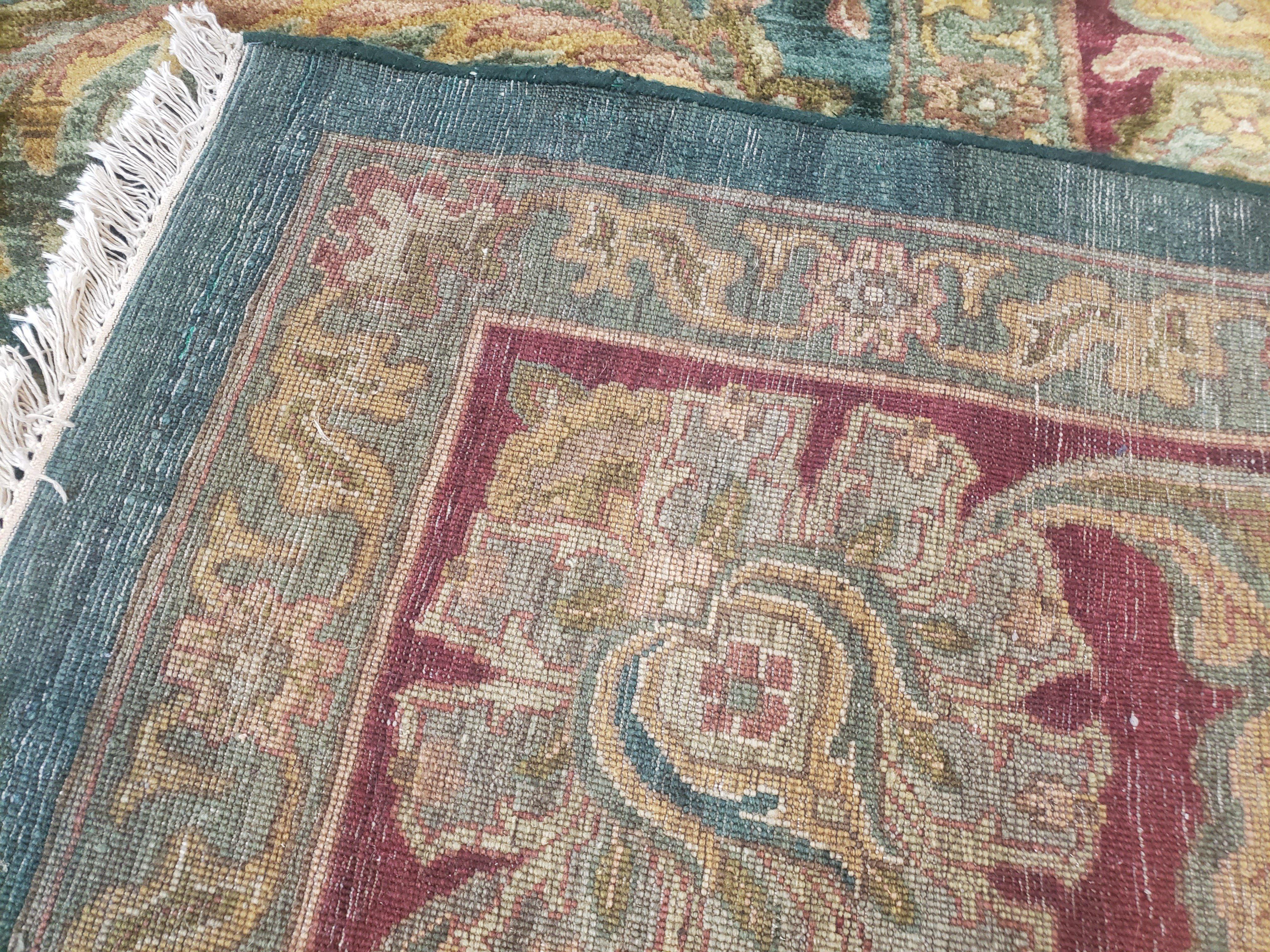 Large Indian Room Sized Rug 10x14, Indo Mahal Sultanabad Area Rug Dark Green Red, Wool Hand-Knotted Large Floral Carpet Soft Living Room Rug - Jewel Rugs