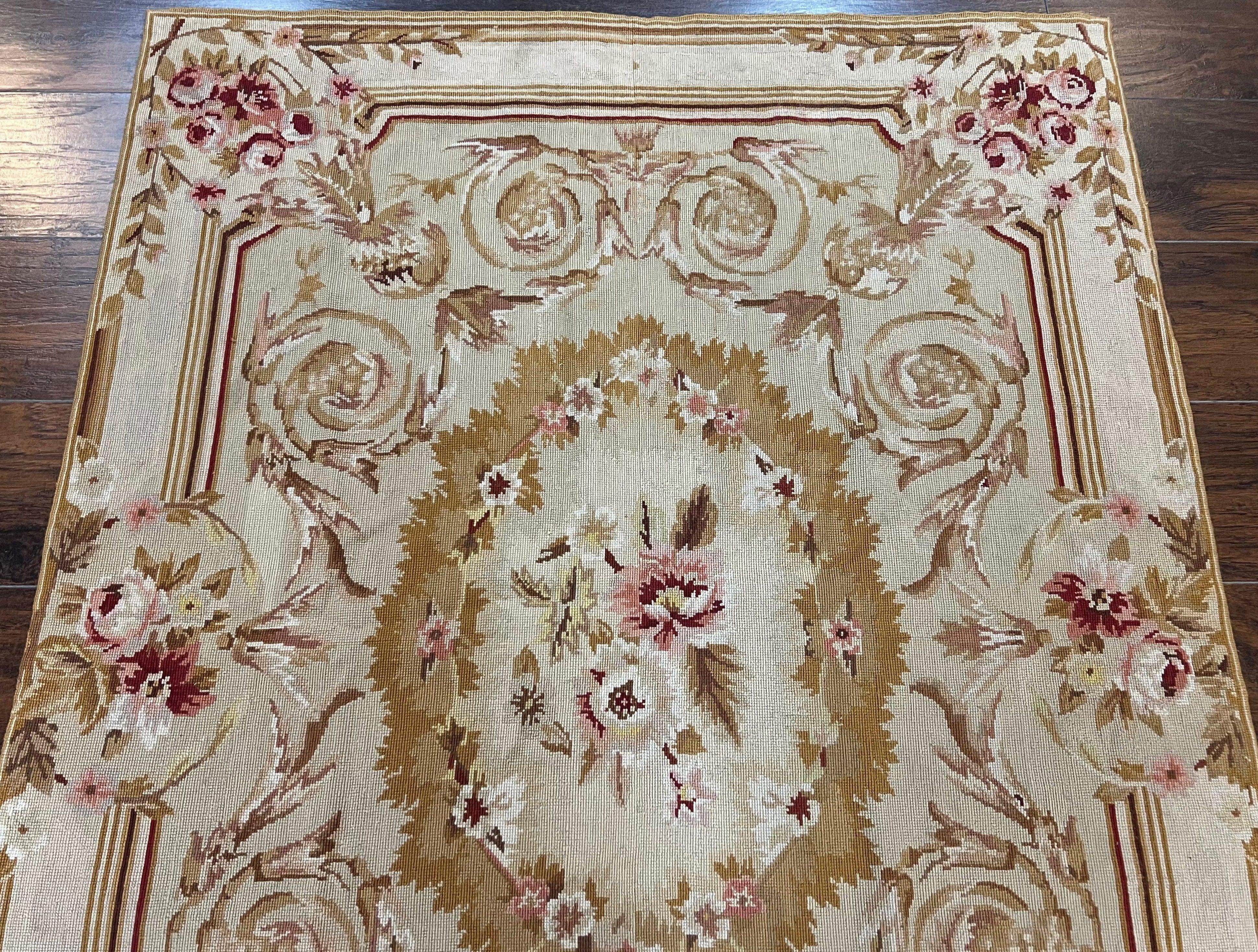 Aubusson Needlepoint Rug 4x5 ft, Beige and Tan, Aubusson Savonnerie Vintage Carpet, Handwoven Handmade Wool Rug, European Design Floral Rose - Jewel Rugs