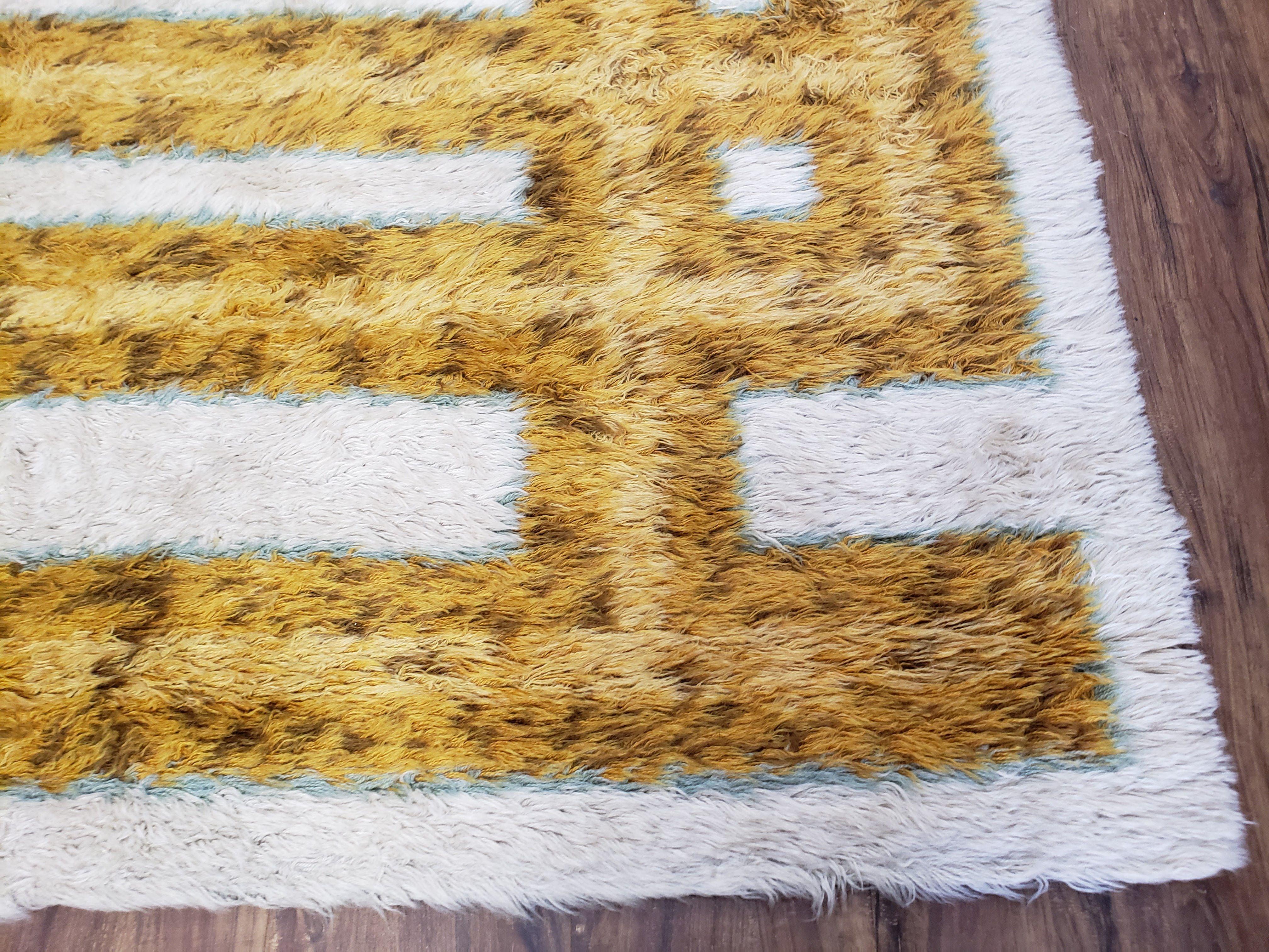 Mid-Century Danish Shag Rug 4.9 x 6.4, Ivory & Gold Vintage Shag Rug, Modern Carpet, Soft Wool High Pile Rug, 1960s Rya Style Contempory Rug - Jewel Rugs