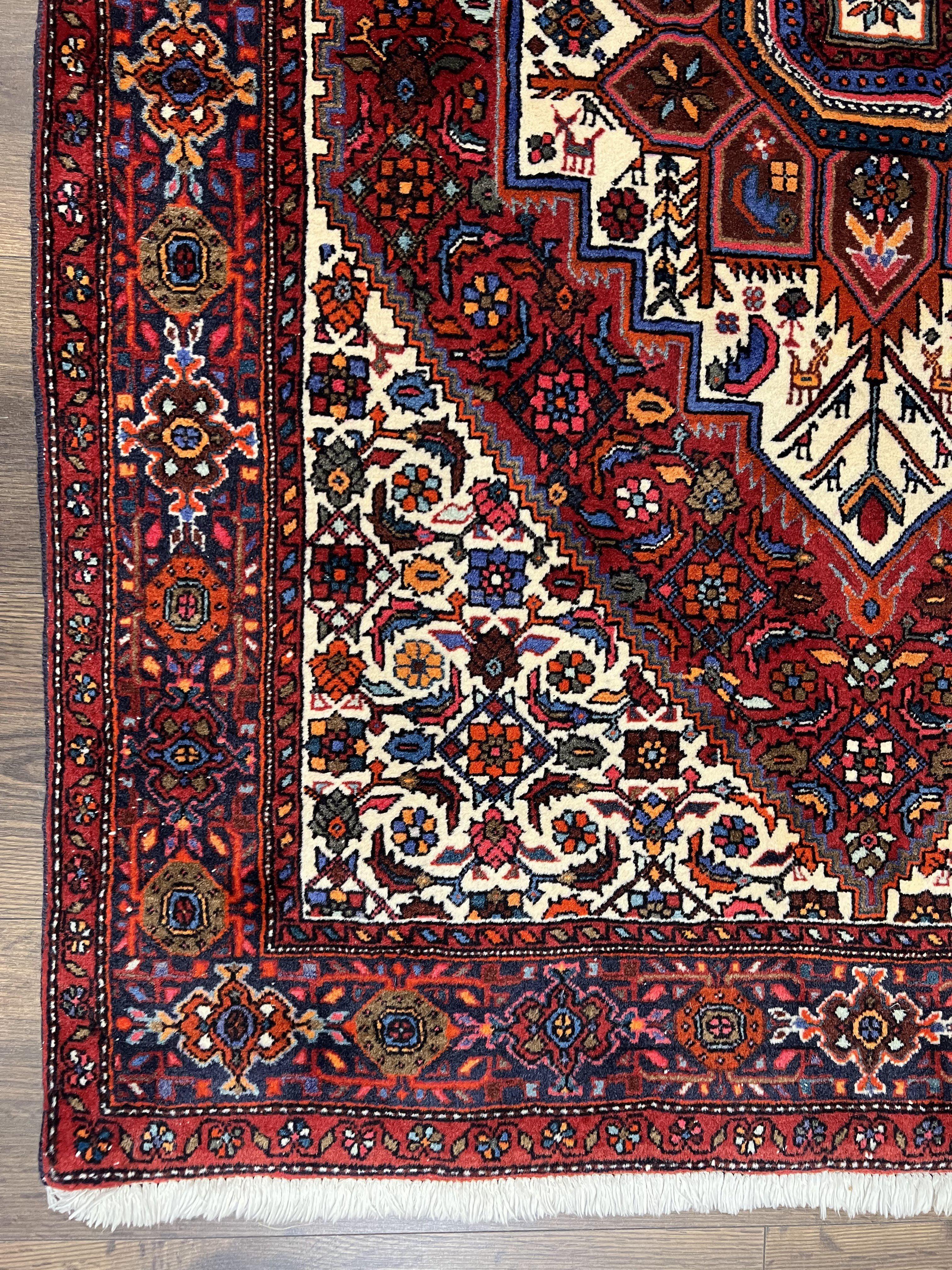 Fine Persian Bidjar Rug 3x5, Geometric Medallion Oriental Bijar Carpet 3 x 5 ft, Ruby Red and Cream, Hand Knotted Wool Rug, Semi Antique Tribal Rug, Nice - Jewel Rugs