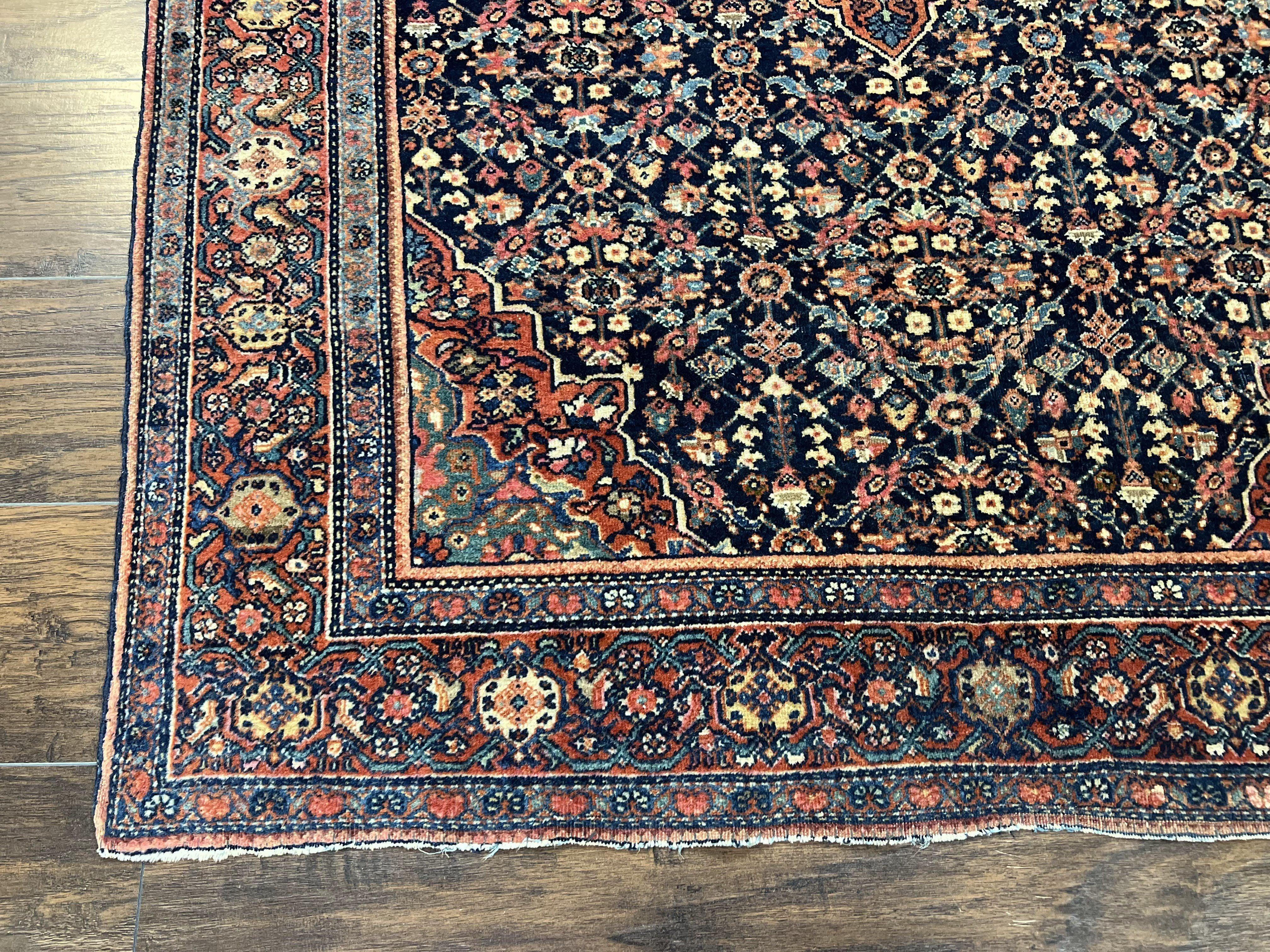 Antique Persian Sarouk Farahan Rug 4x7 Carpet, Herati Medallion, Midnight Blue and Red Wool Collectible Oriental Rug, Hand Knotted, Ferahan Feraghan - Jewel Rugs