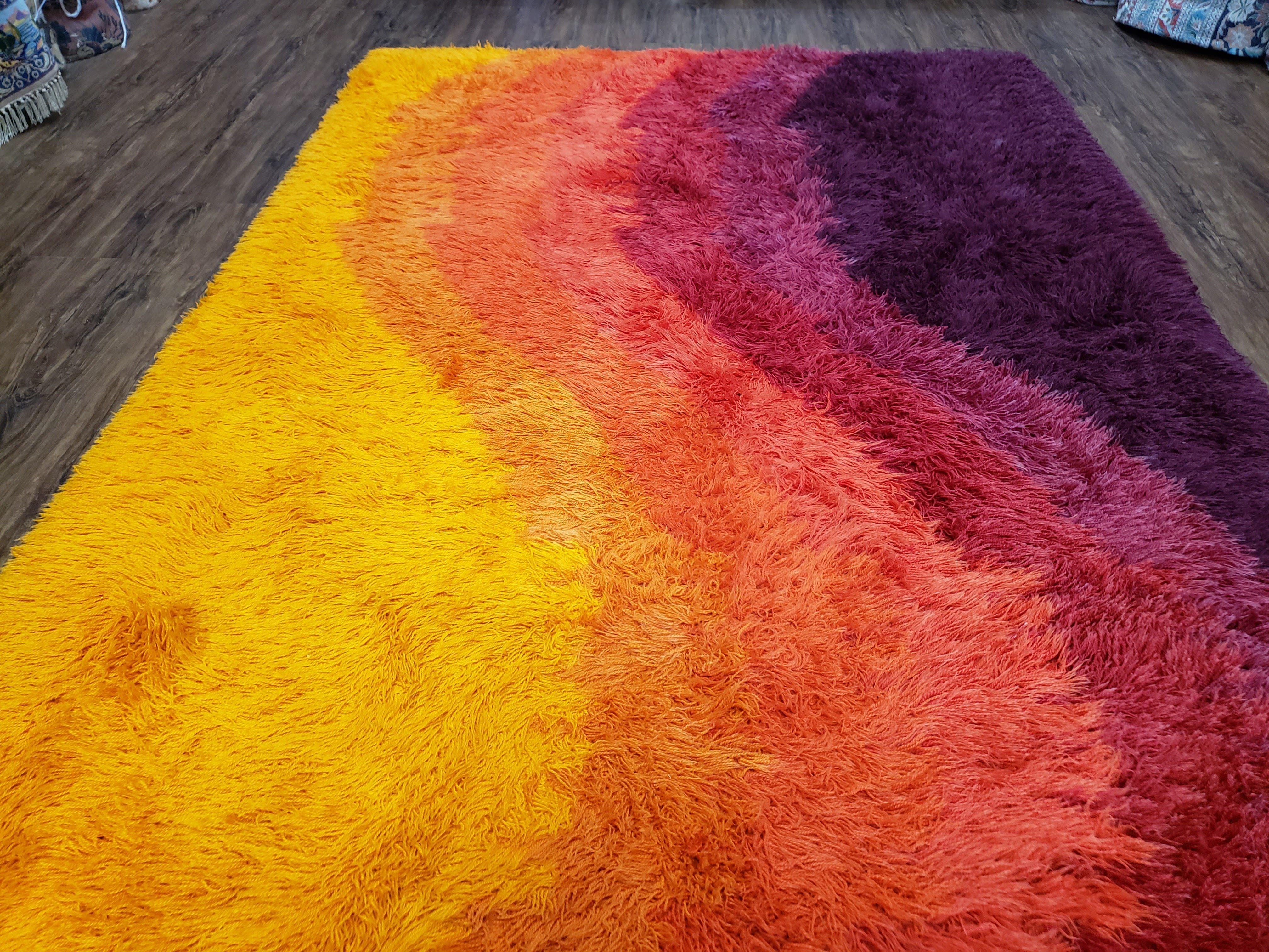 Rya Shag Rug 6x9, Mid-Century Ege Rya Area Rug, Orange Red Purple Danish Shag Rug, 6 x 9 Modern Abstract Carpet, 1960s Living Room Rug - Jewel Rugs