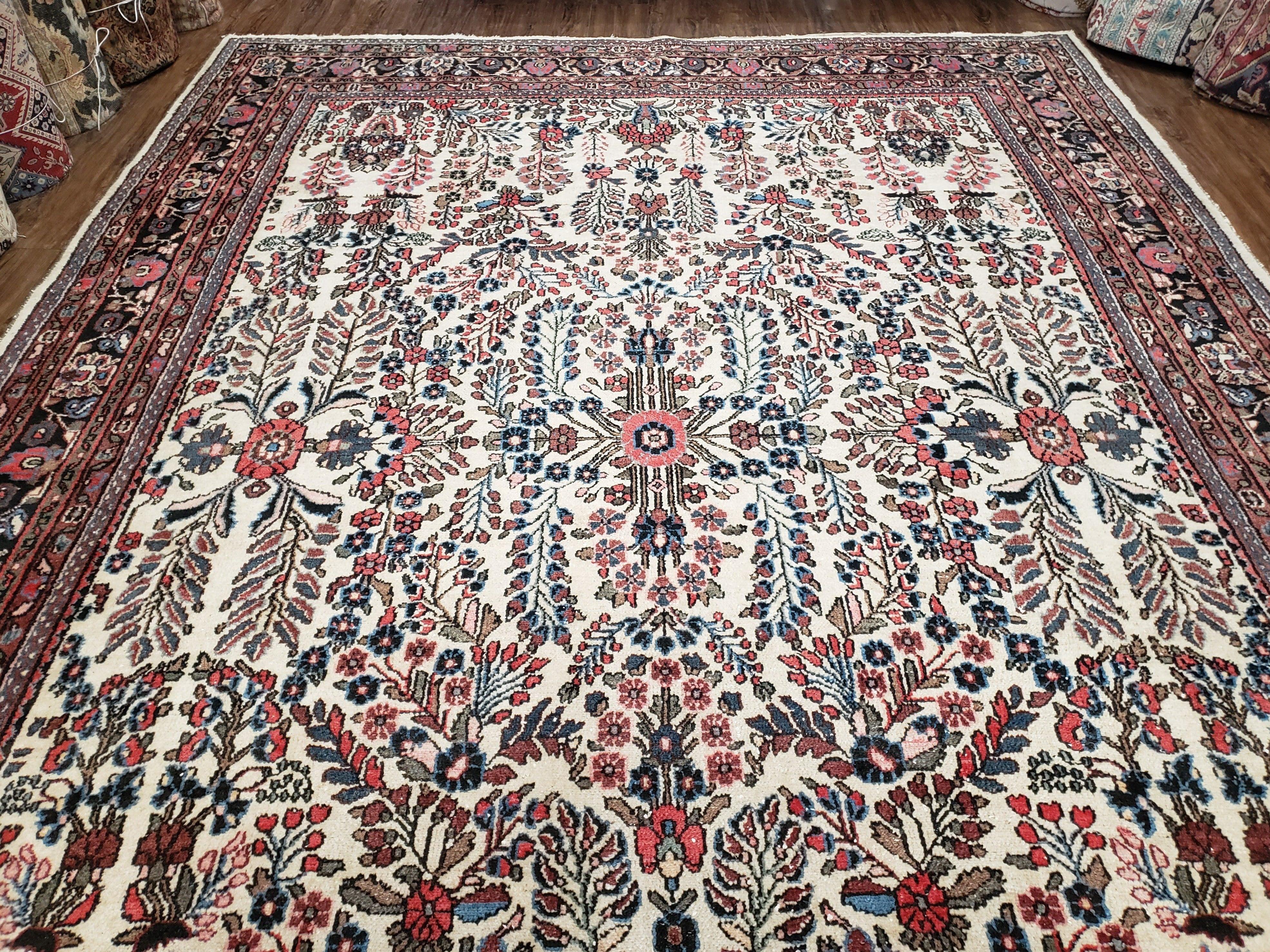 Semi Antique Persian Hamadan Dargazin Rug, Ivory Red Midnight Blue, Hand-Knotted, Wool, Allover Floral, 8'9" x 11' 9" - Jewel Rugs