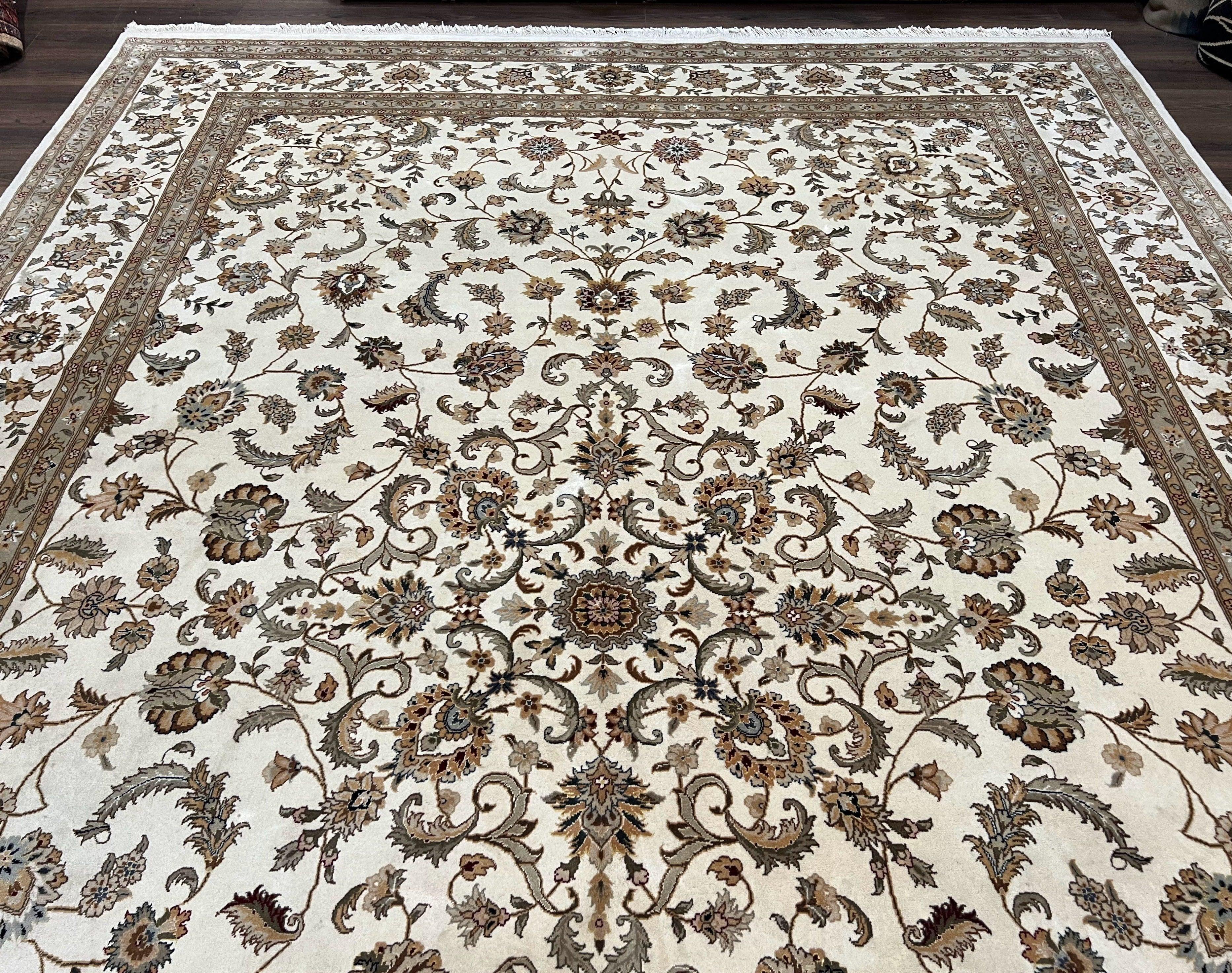 Pak Persian Rug 10x14, Allover Floral Pattern, Fine Oriental Carpet 10 x 14, Elegant Traditional Wool Rug, Ivory/Cream/Beige, Hand Knotted - Jewel Rugs