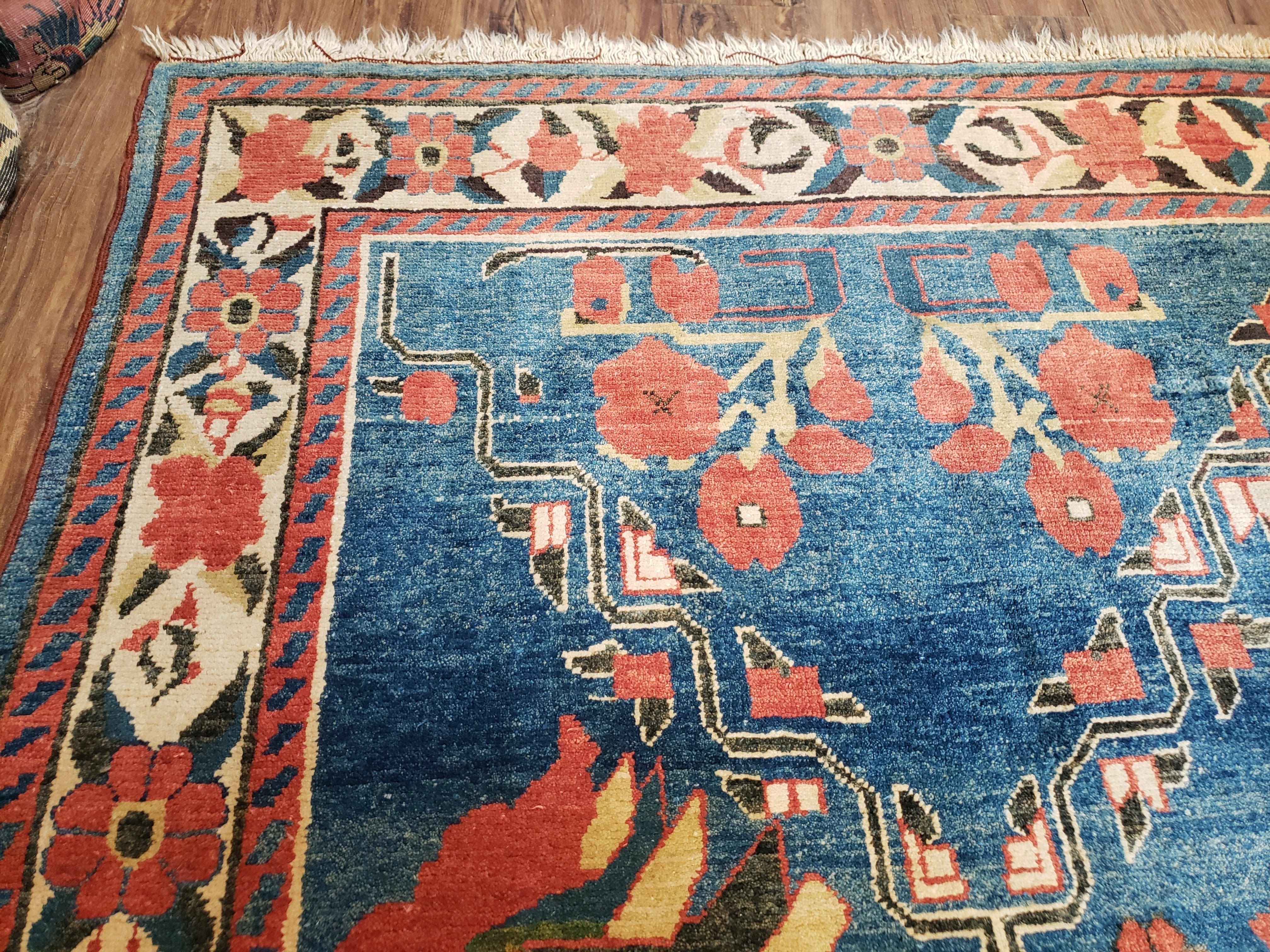 Blue Turkish Rug, Colorful Heriz Serapi Rug, Blue and Red Orange, Handmade Area Rug, Wool Rug, 9x12 Rug, Room Sized Rug, Large Play Room Rug - Jewel Rugs