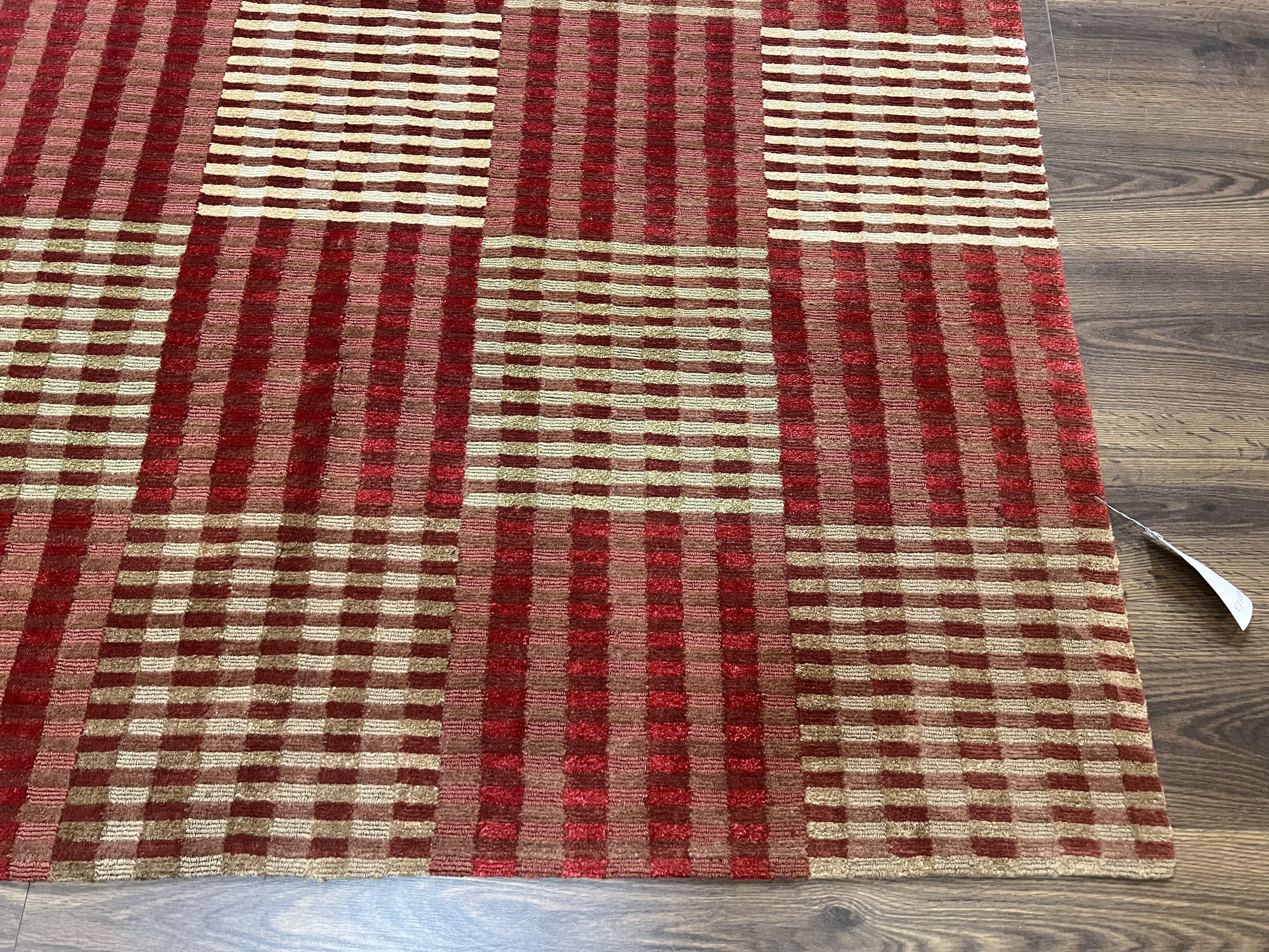 Modern Tibetan Rug 8x10, Hand Knotted Contemporary Nepali Carpet 8 x 10, Checkerboard Design, Red Cream Light Brown, Very Fine Wool & Silk - Jewel Rugs