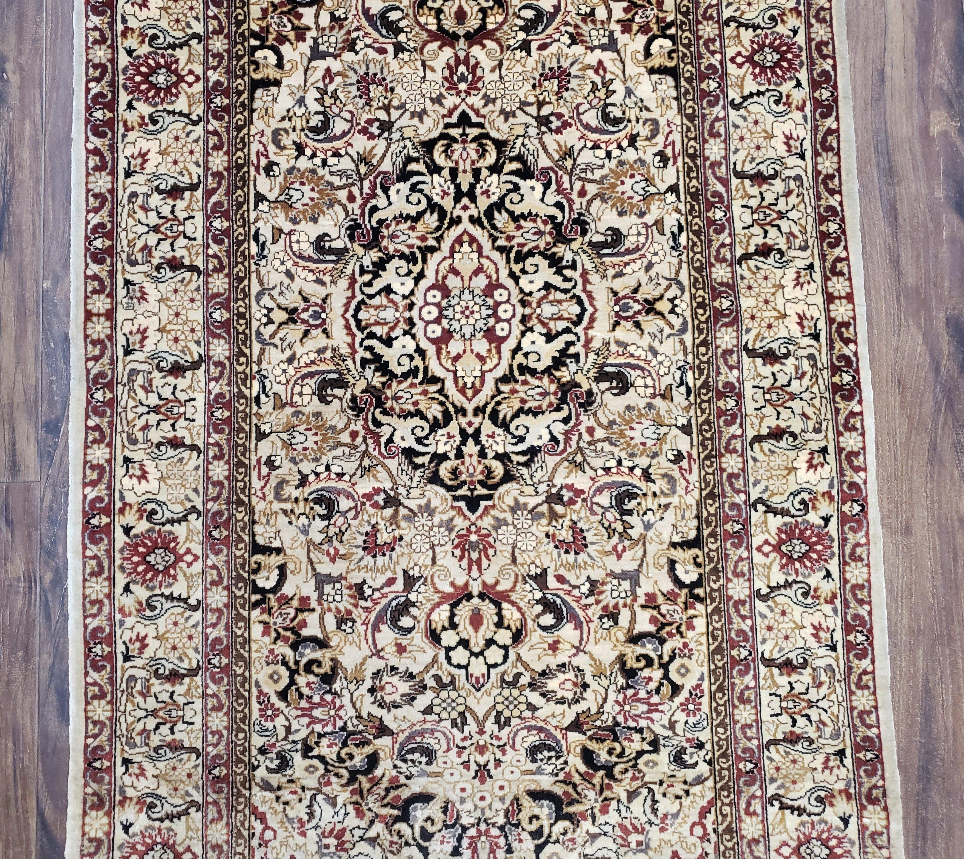 Silk Oriental Rug 1' 7" x 3', Very Fine Silk Carpet, Small Silk Rug, Traditional Floral Medallion, Hand-Knotted Cream Beige Vintage Silk Rug - Jewel Rugs