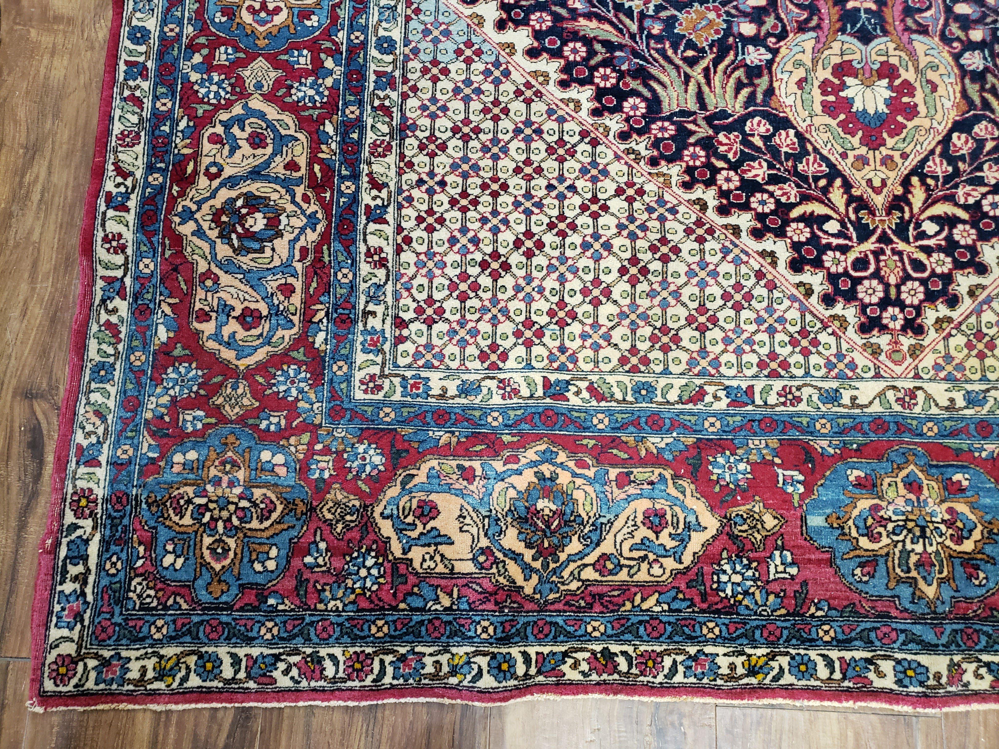 Semi Antique Persian Tehran Rug, Floral Design, Midnight Blue and Red, Hand-Knotted, Wool, 5' x 7' 9" - Jewel Rugs