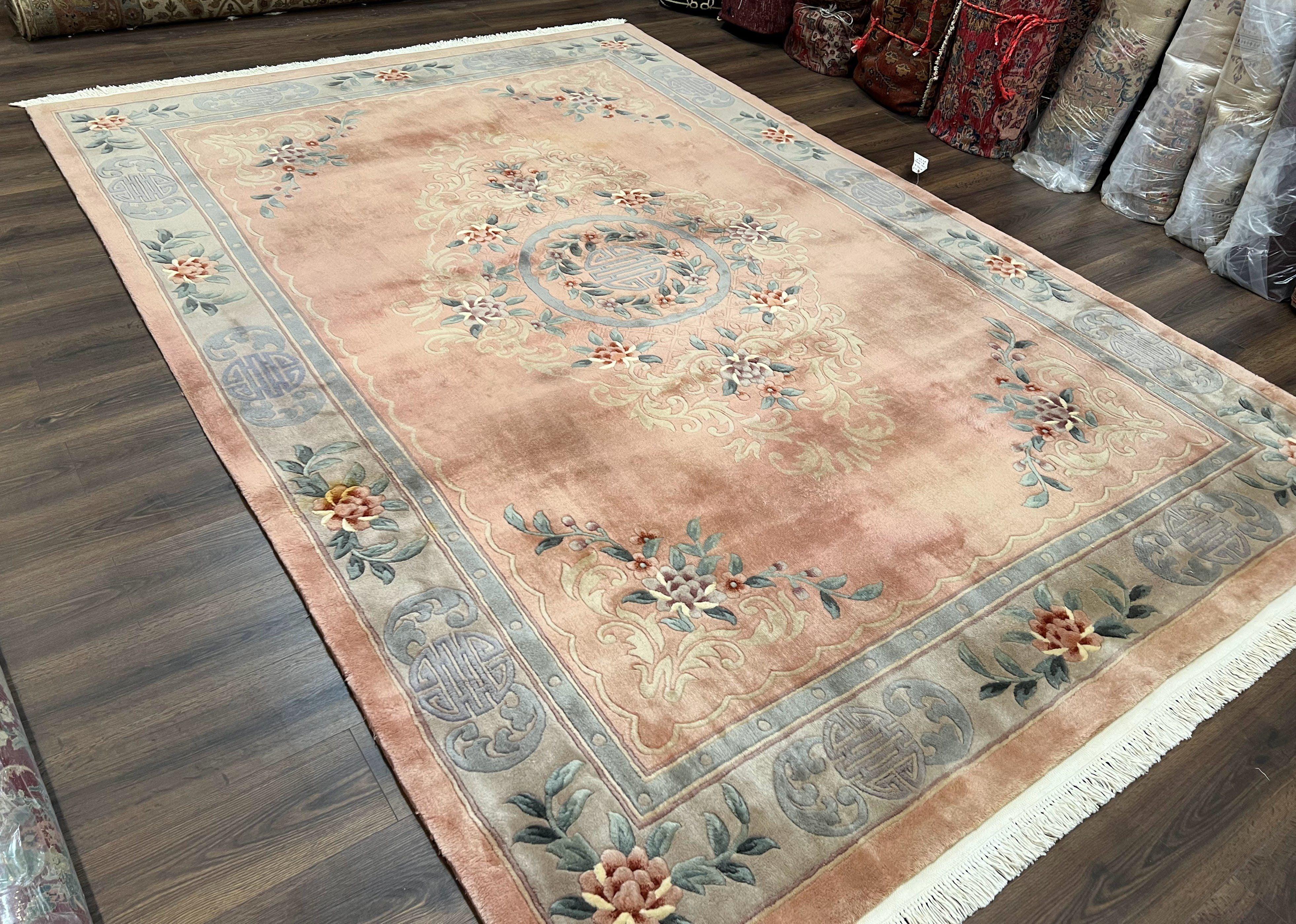 Chinese Wool Rug 8x11, Vintage 1960s Carpet, Light Pink and Gray, Hand Knotted Soft Plush Living Room Area Rug, Asian Oriental Rug 90 Line - Jewel Rugs