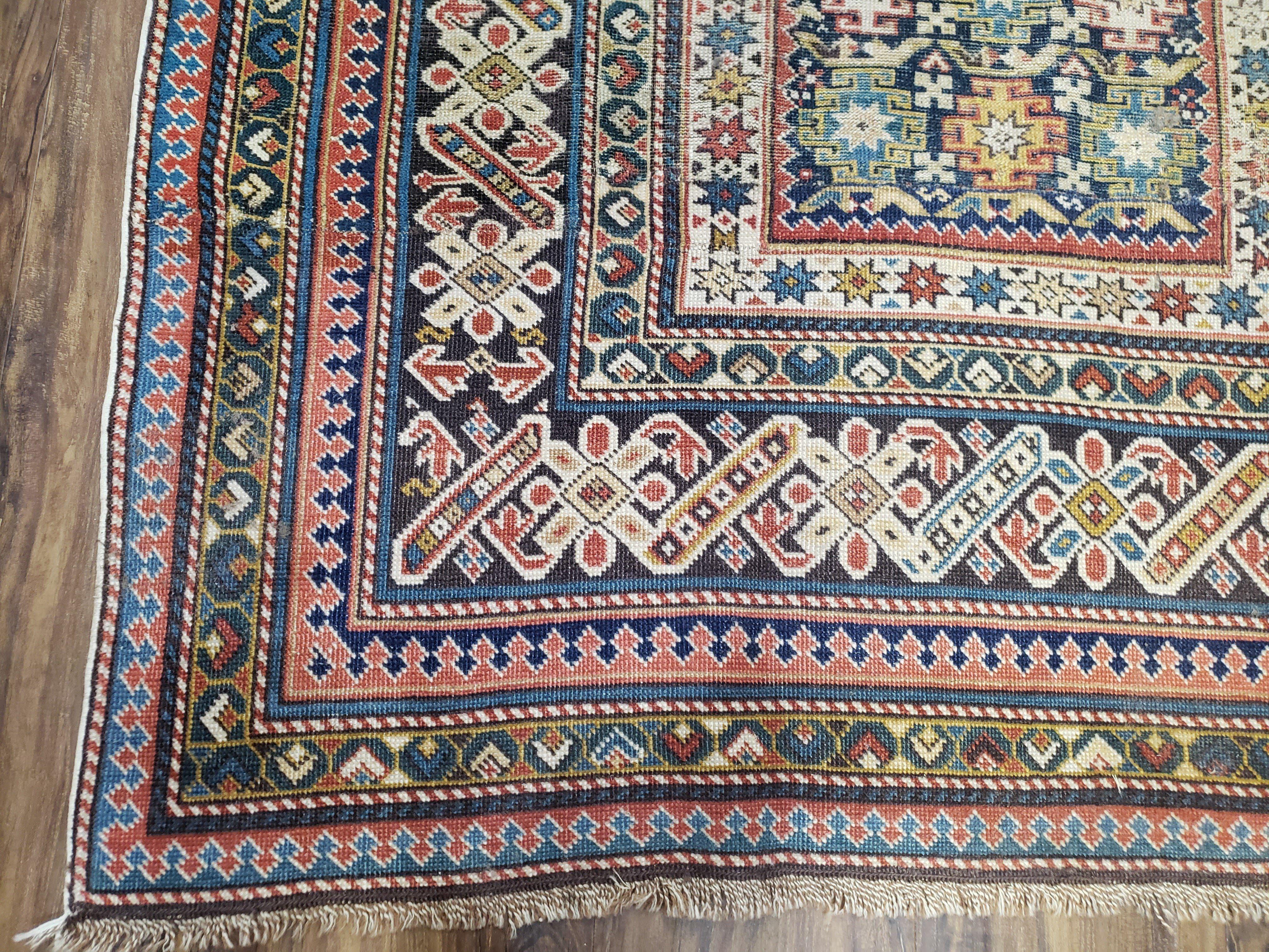 Caucasian Rug 3'9" x 5'7", Antique 1920s Collectible Caucasian Chi Chi Carpet, Hand Knotted, Colorful, Dark Blue Cream Red, Wool, Small Rug - Jewel Rugs