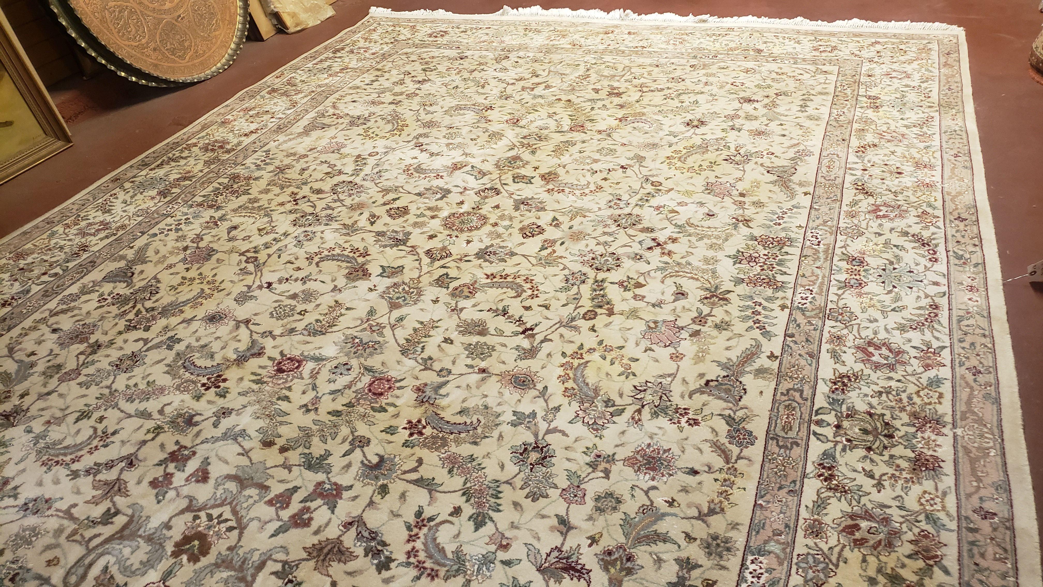 Vintage Oriental Carpet 9x12, Persian Design, Wool with Silk, Finely Hand Knotted, Beige & Teal, Allover Floral Traditional Pattern - Jewel Rugs