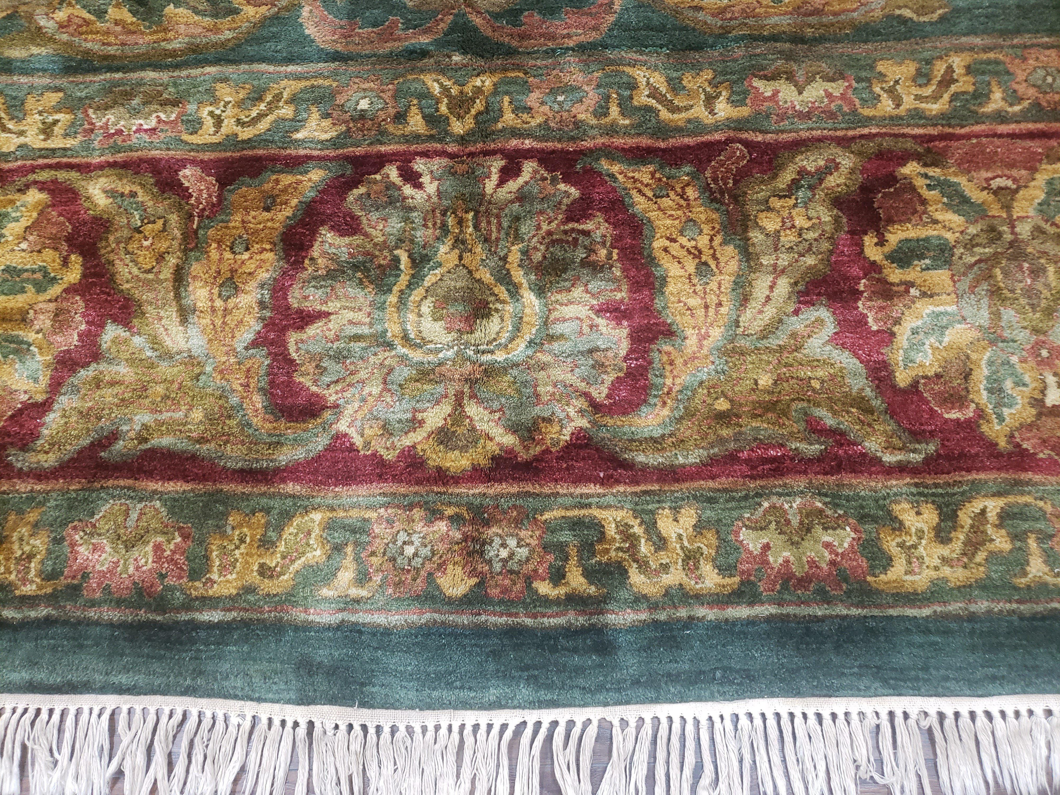 Large Indian Room Sized Rug 10x14, Indo Mahal Sultanabad Area Rug Dark Green Red, Wool Hand-Knotted Large Floral Carpet Soft Living Room Rug - Jewel Rugs