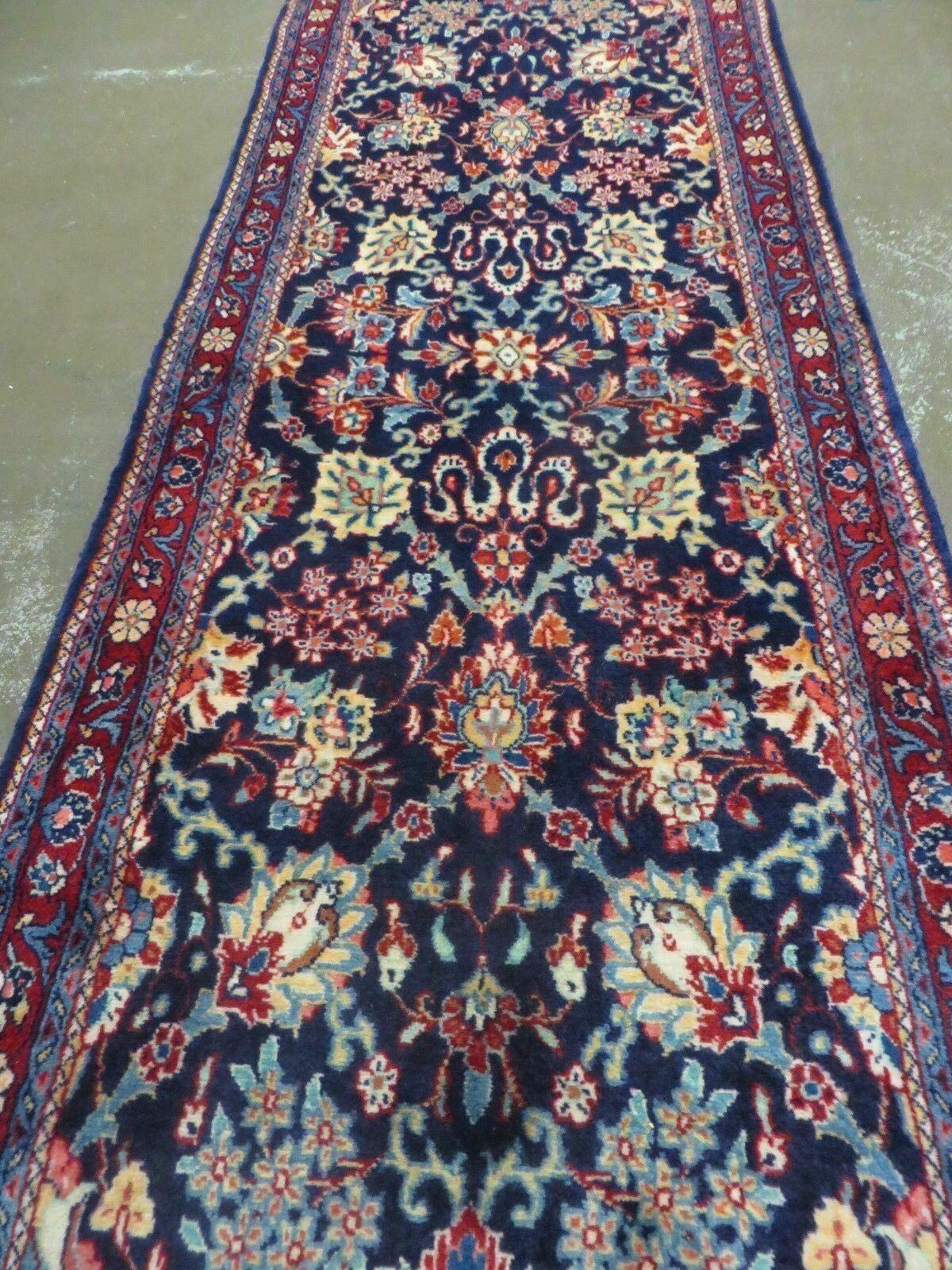 2' 5" X 15' 5" Vintage Dark Blue Indian Floral Handmade Wool Long Runner Rug Wow - Jewel Rugs